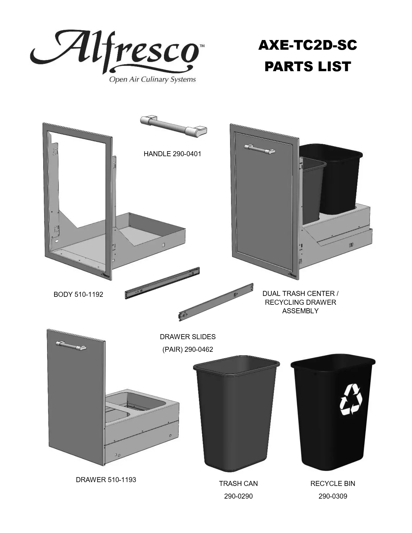 AXE-TC2D-SC Trash Center with Drawers Parts parts diagram