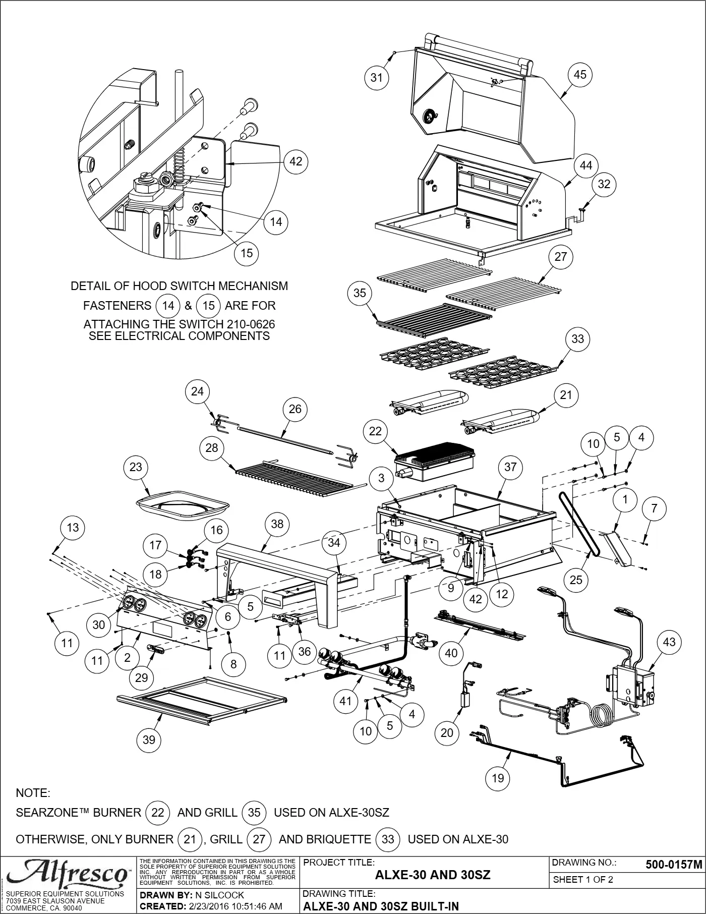 ALXE-30 and ALXE-30SZ Grill Complete Unit (Main Assembly) parts diagram