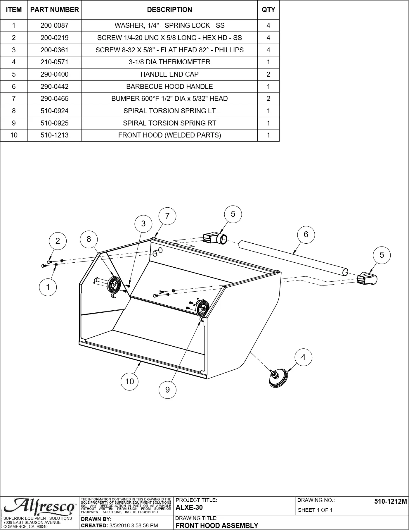 ALXE-30 and ALXE-30SZ Grill Front Hood Assembly parts diagram