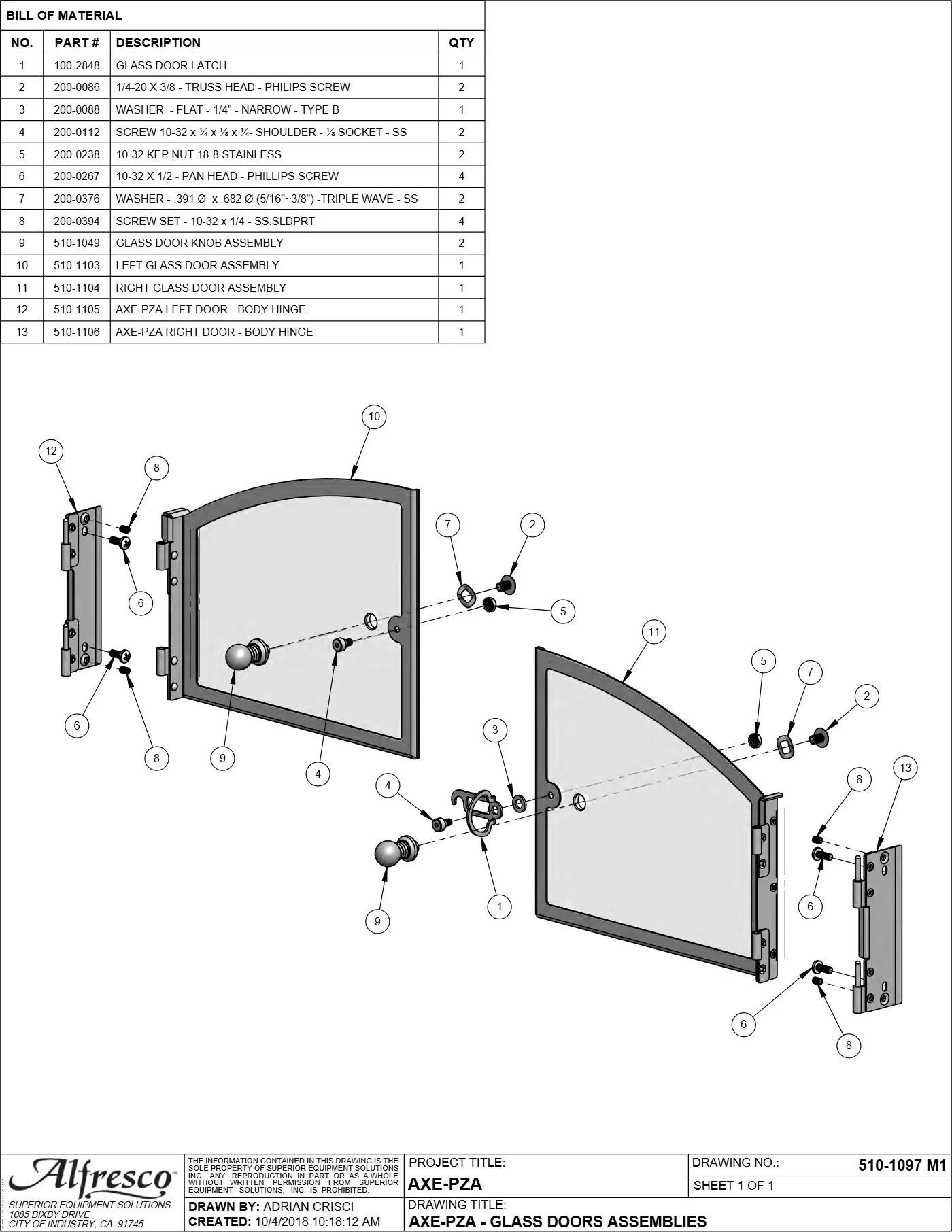AXE-PZA Pizza Oven Plus Glass Doors Assemblies parts diagram