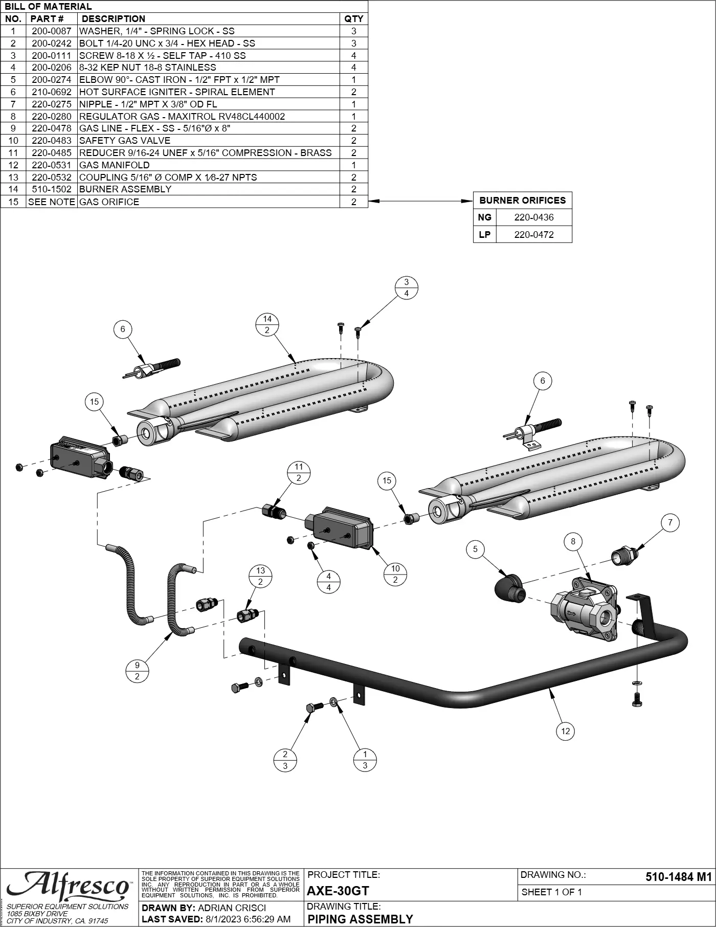 AXE-30GT Dual Zone Griddle Piping Assembly parts diagram