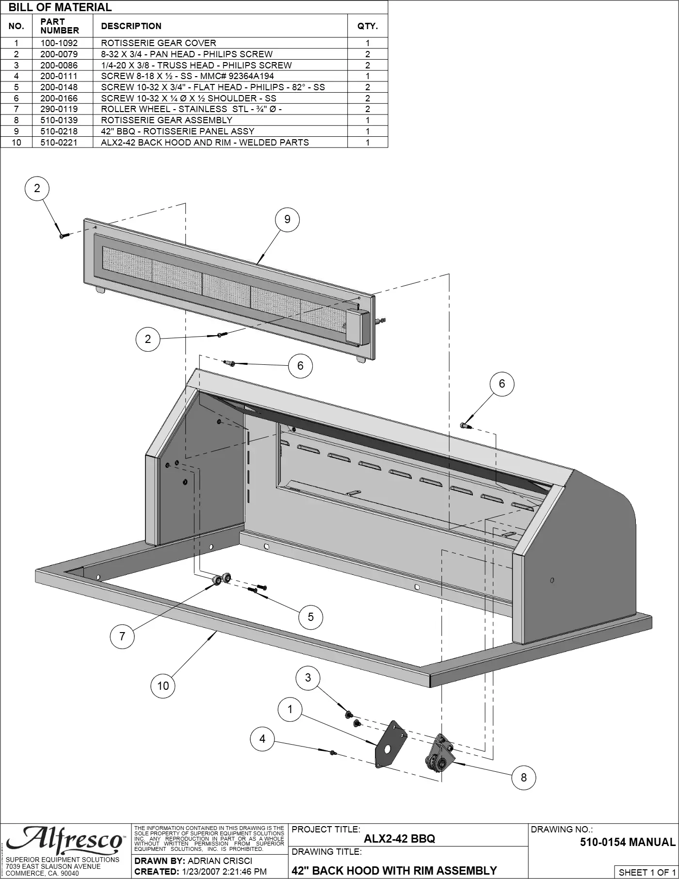 ALX2-42 Grill 42" Back Hood with Rim Assembly parts diagram