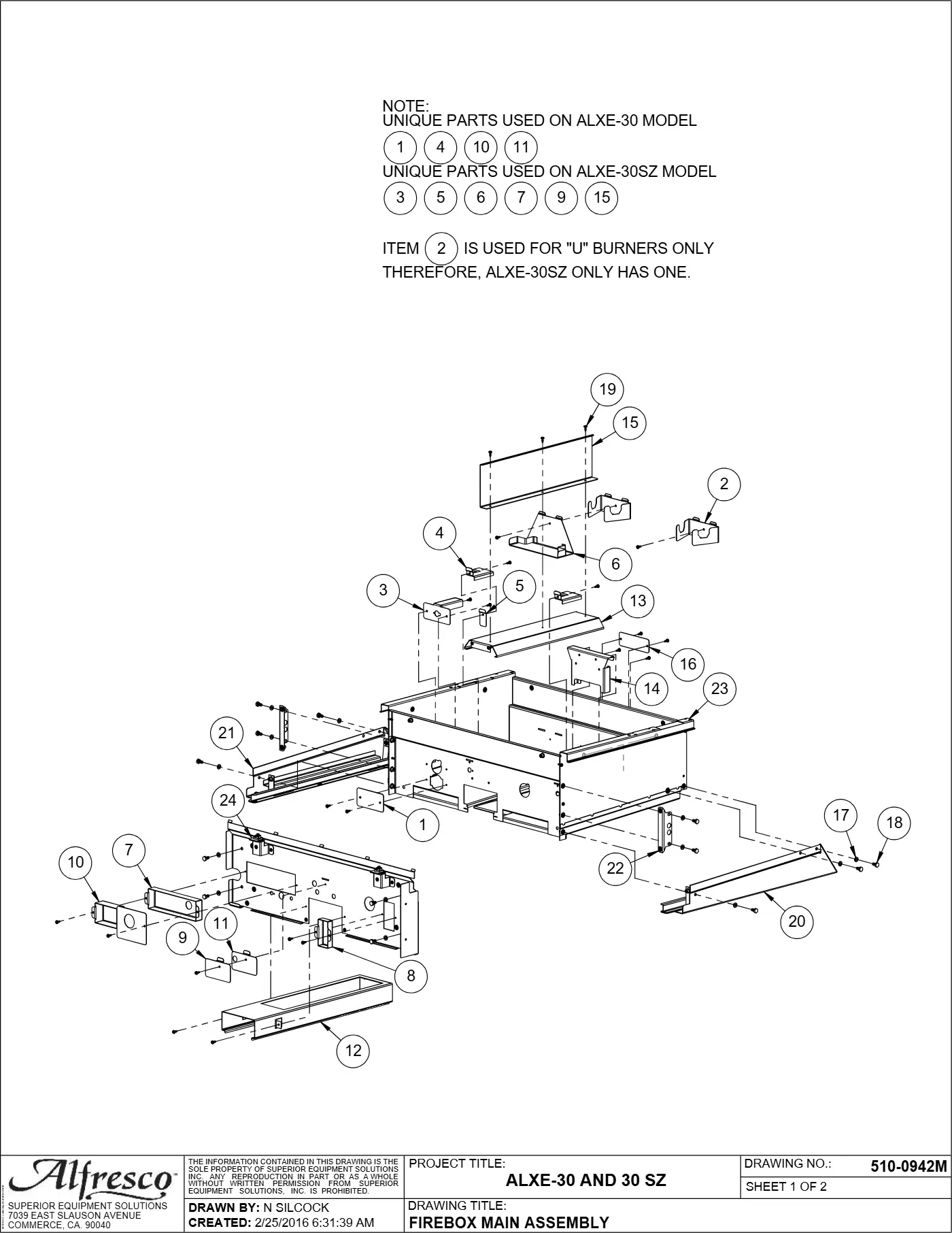 ALXE-30 and ALXE-30SZ Grill Firebox Main Assembly parts diagram