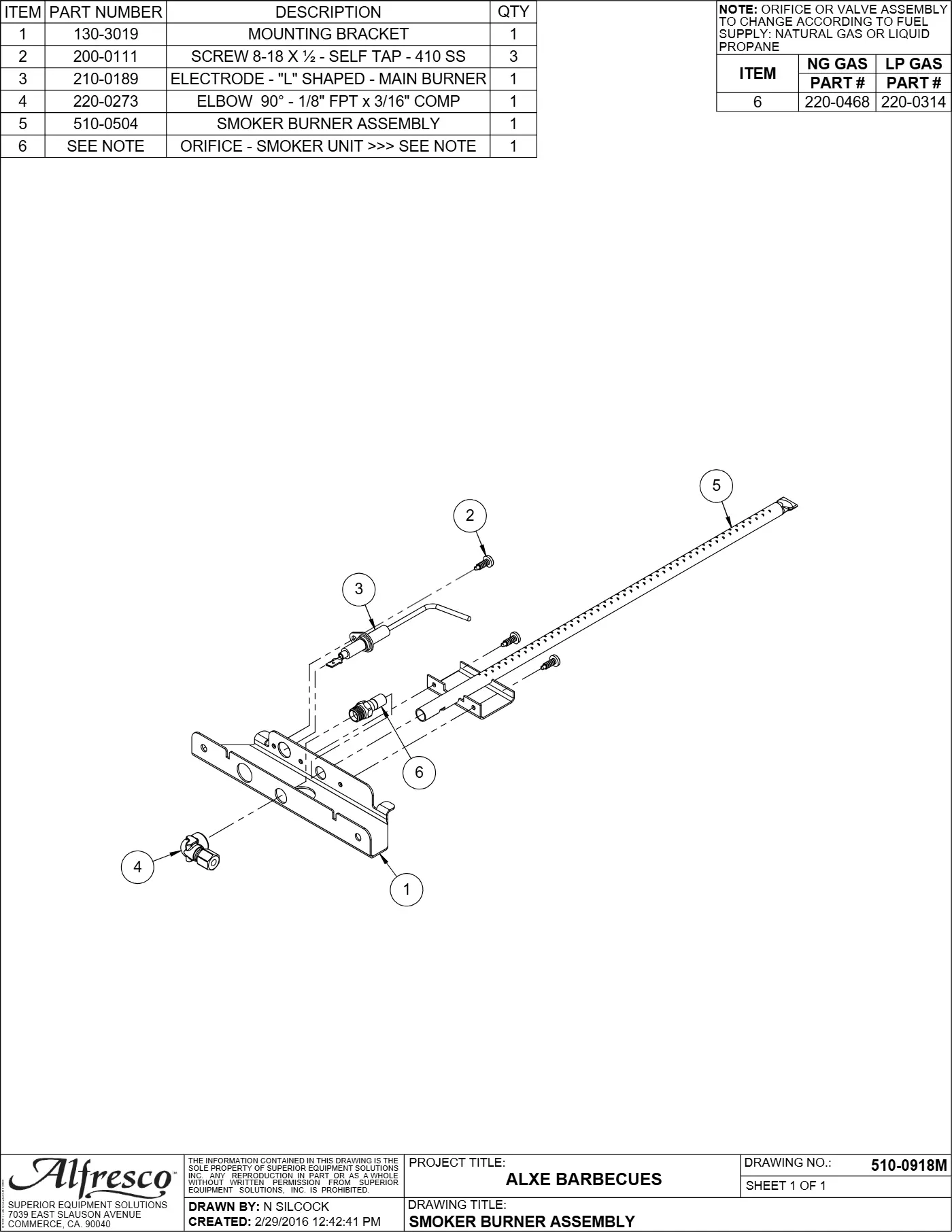 ALXE-56 and ALXE-56SZ Grill Smoker Burner Assembly parts diagram