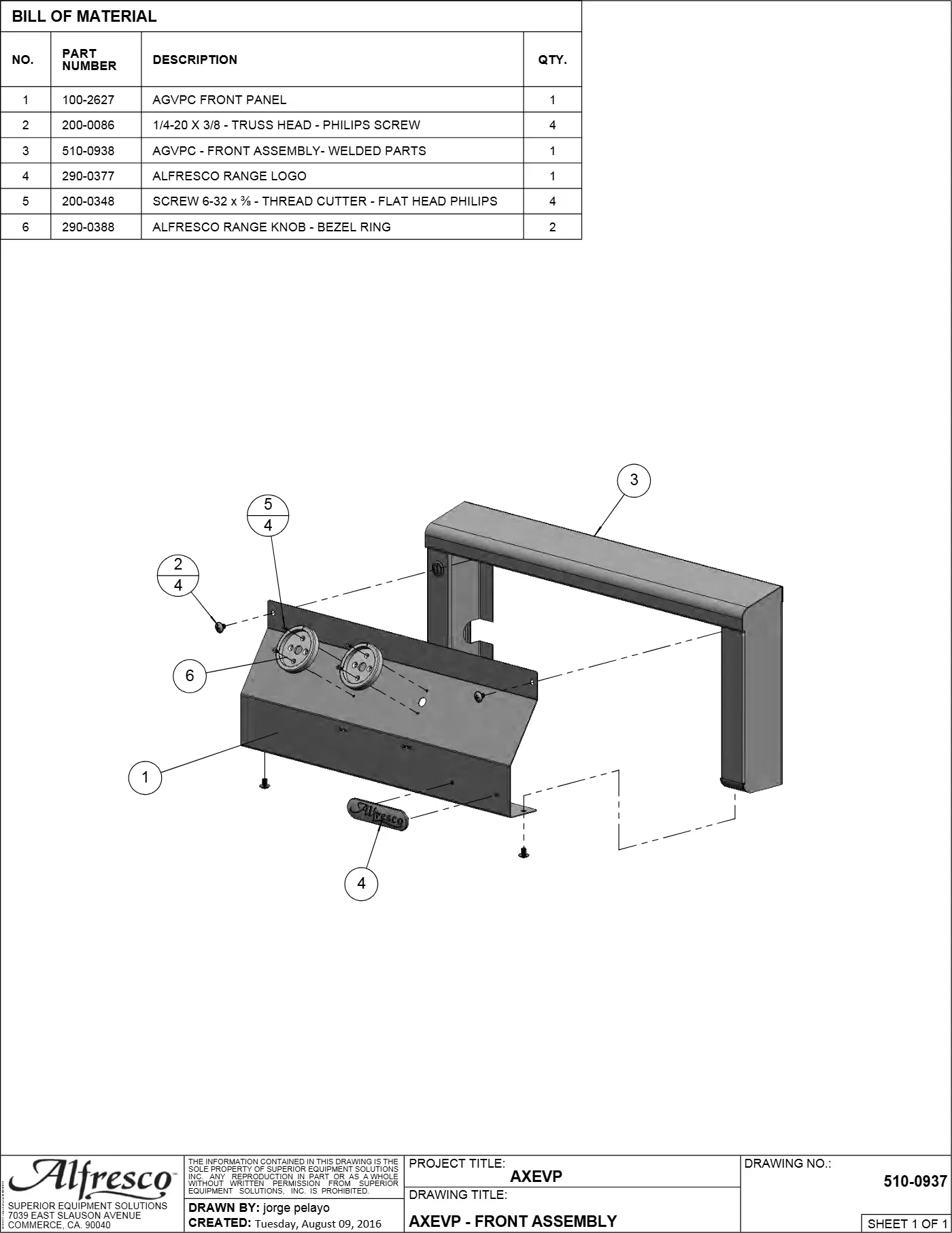 AXEVP Versa Power Burner Front Assembly parts diagram