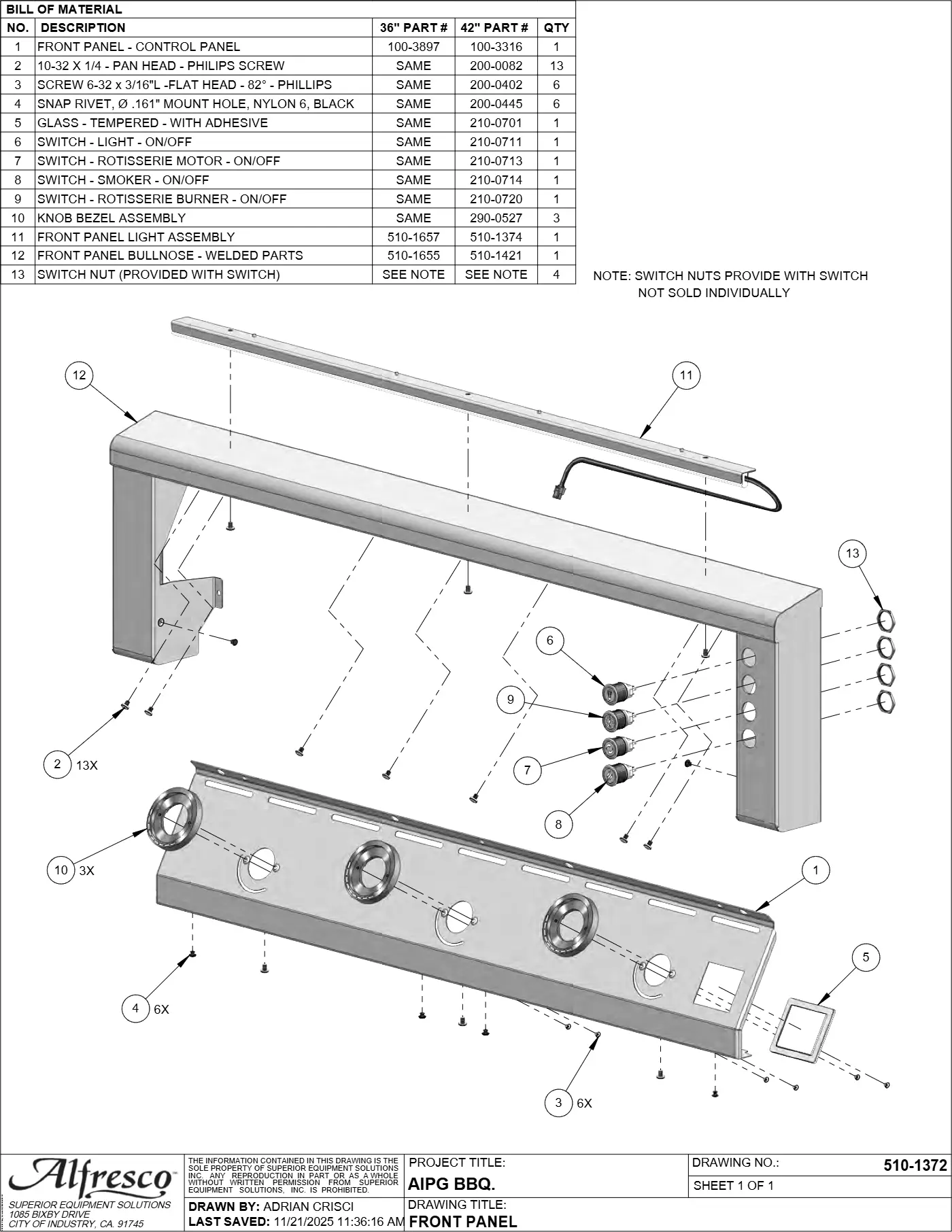 AIPG-36 and AIPG-42 Grill Front Panel parts diagram