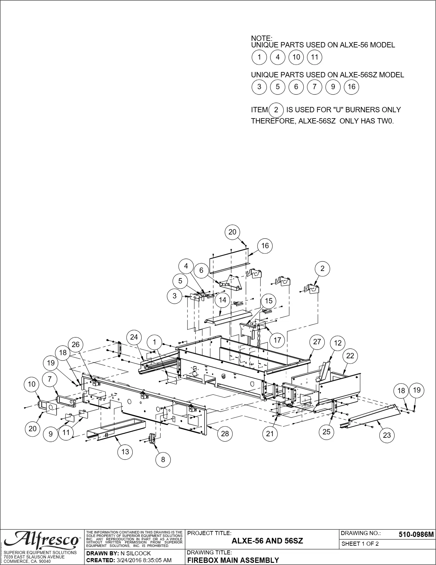 ALXE-56 and ALXE-56SZ Grill Firebox Main Assembly parts diagram