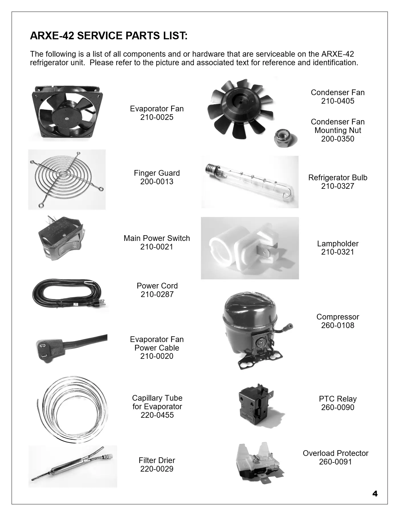 ARXE-42 Refrigerator Parts page 1 parts diagram
