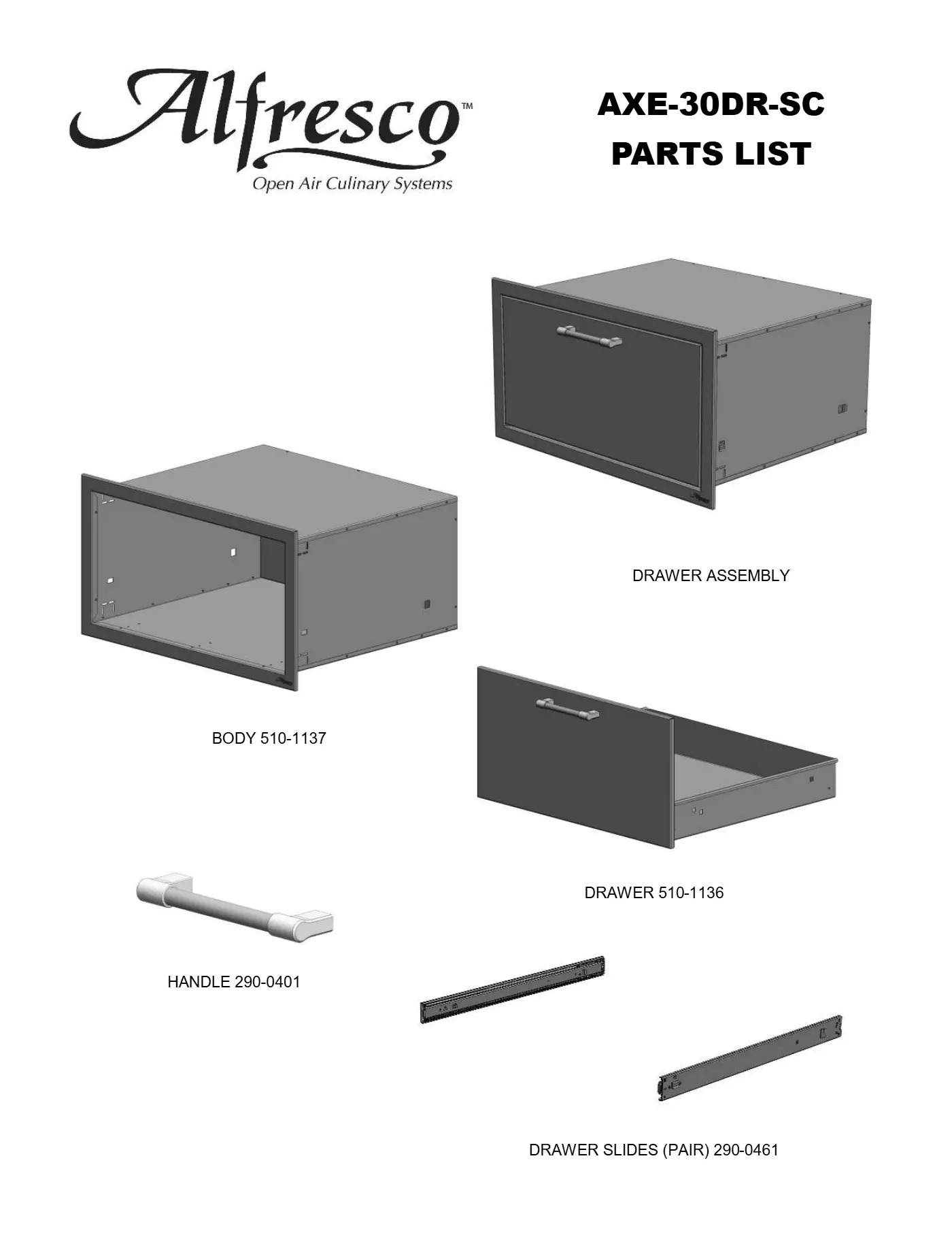 AXE-30DR-SC Drawer Parts parts diagram