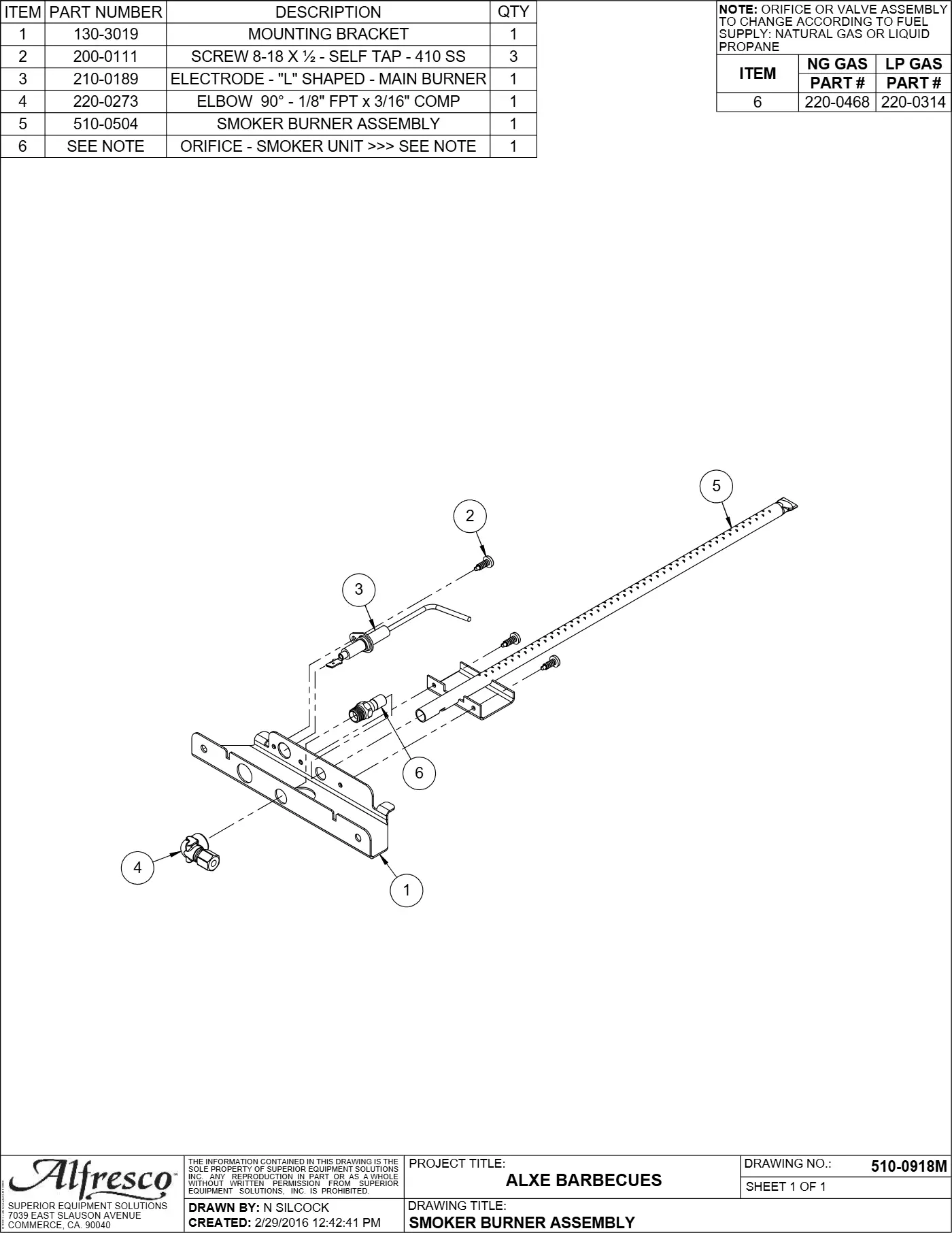 ALXE-30 and ALXE-30SZ Grill Smoker Burner Assembly parts diagram