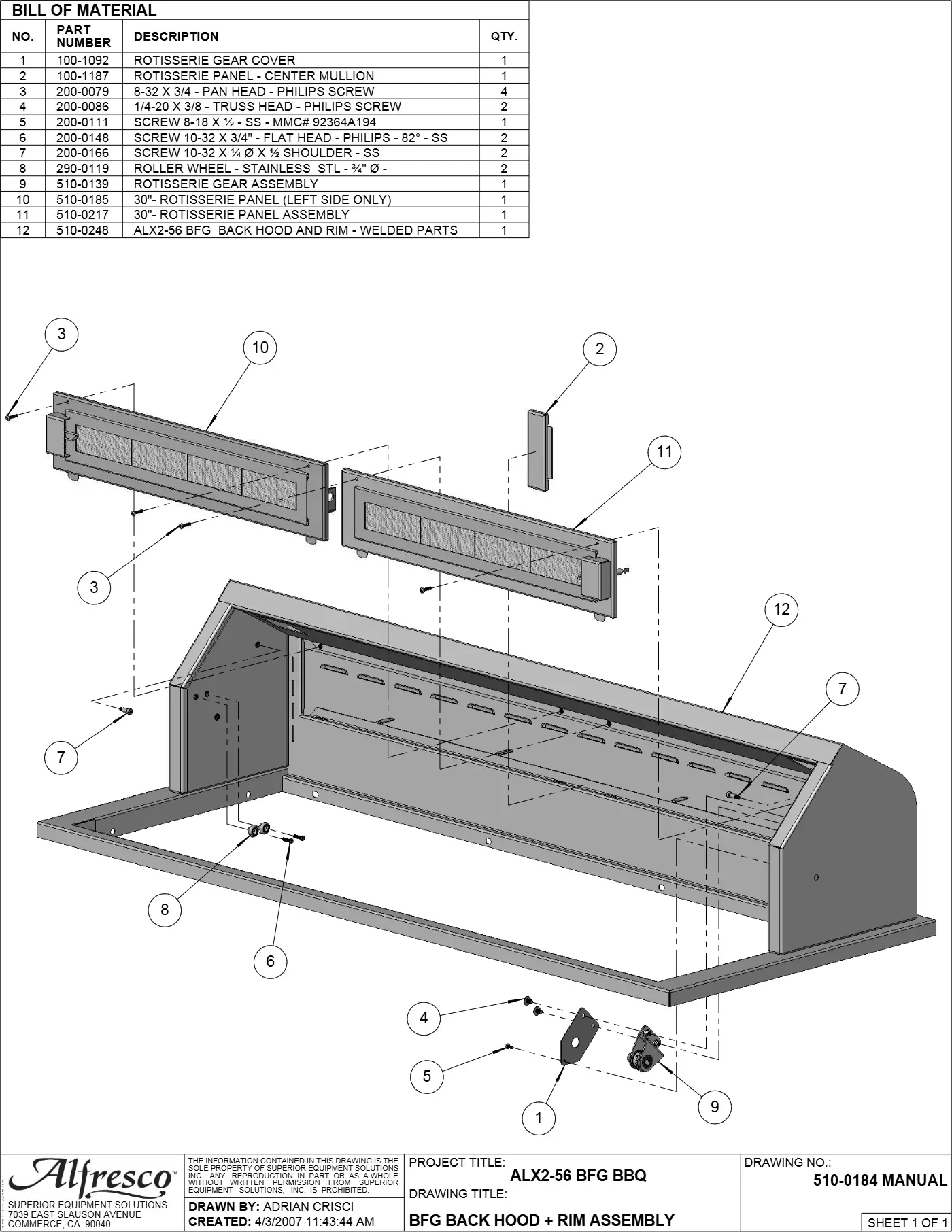 ALX2-56BFG Grill Bfg Back Hood + Rim Assembly parts diagram