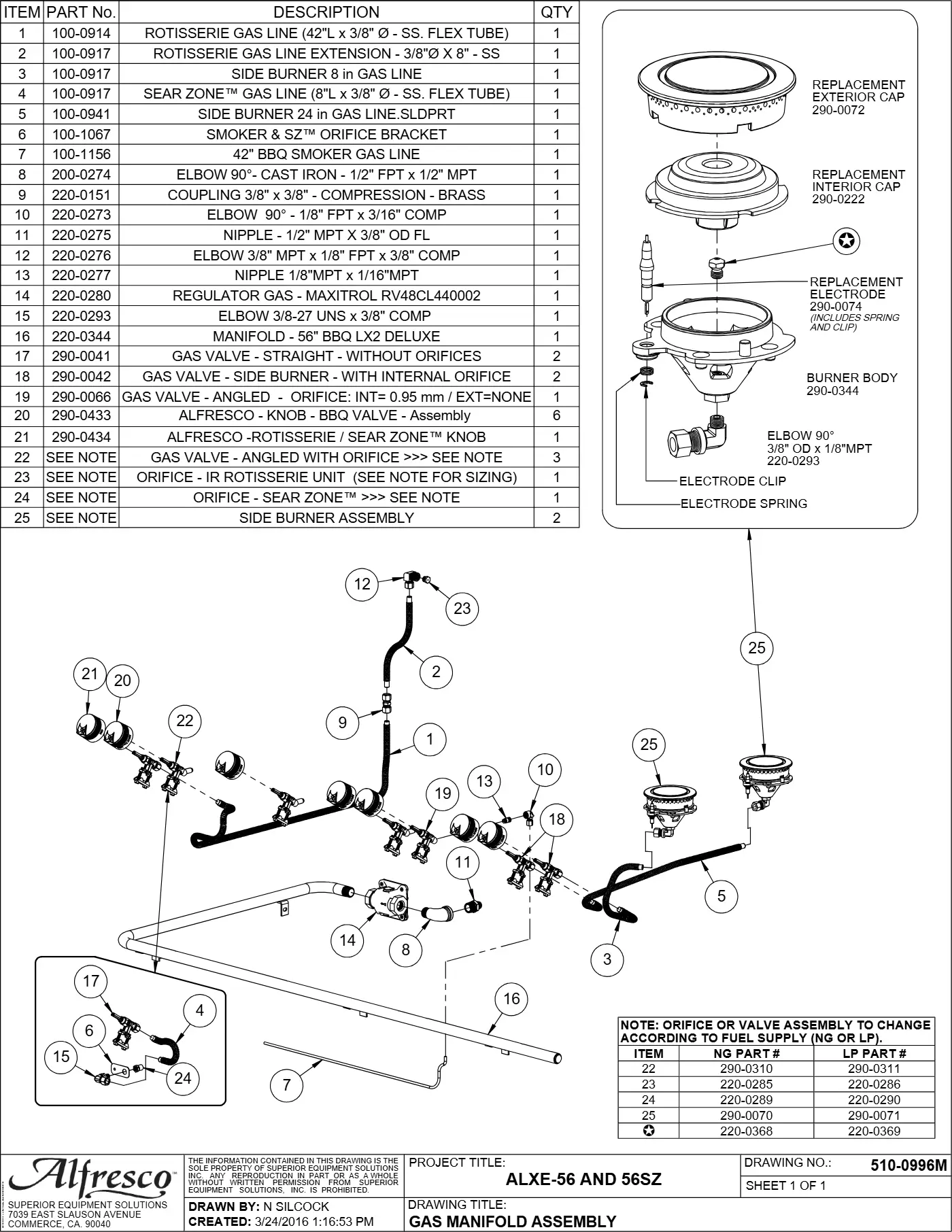 ALXE-56 and ALXE-56SZ Grill Gas Manifold Assembly parts diagram