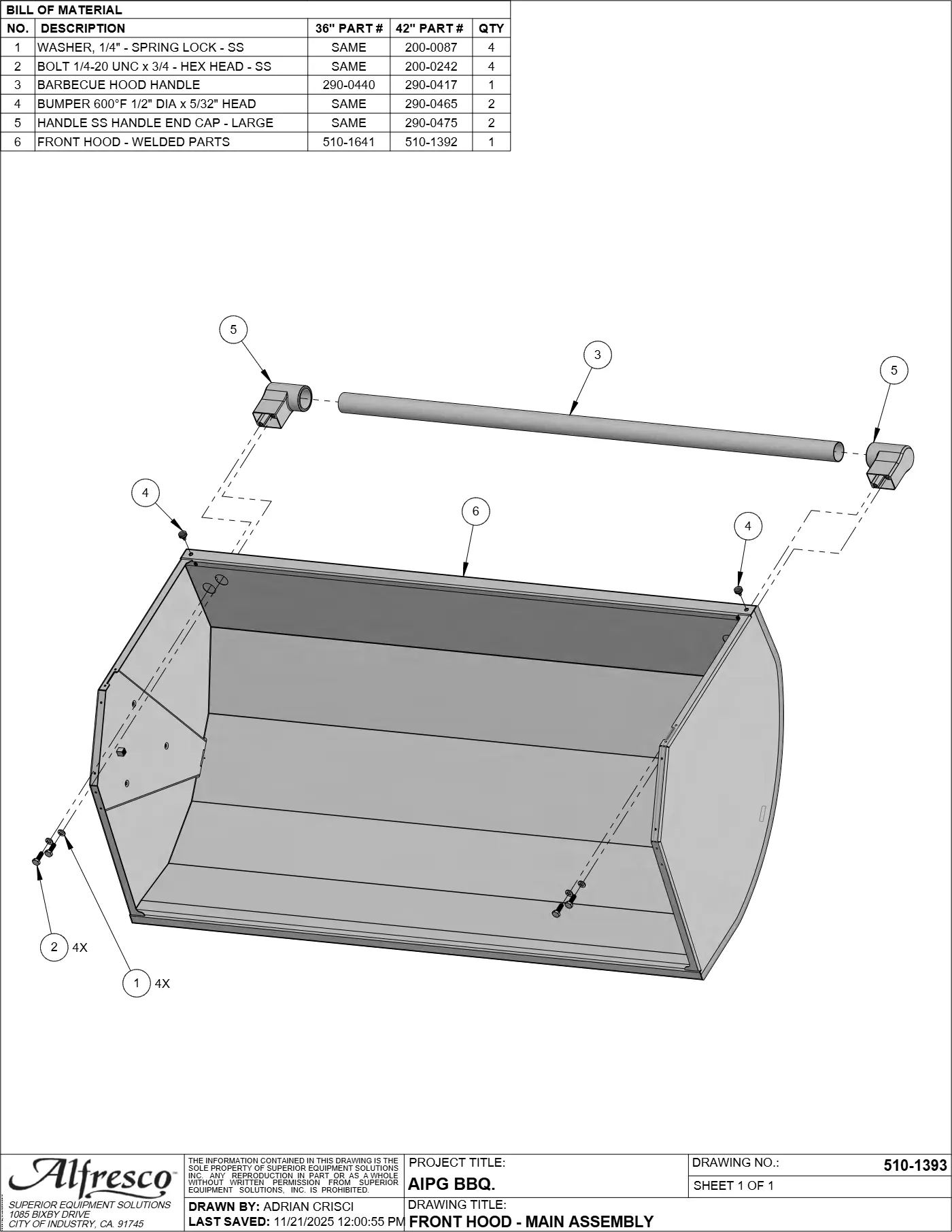 AIPG-36 and AIPG-42 Grill Front Hood - Main Assembly parts diagram