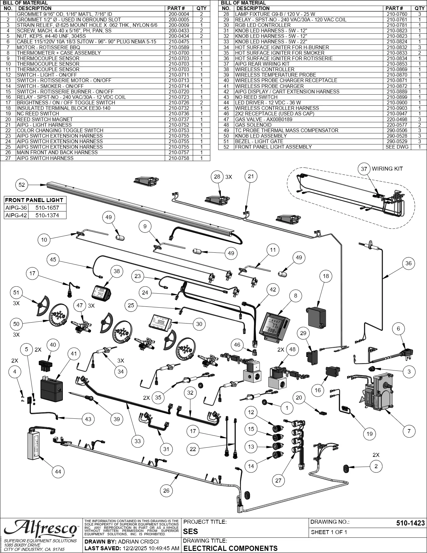 AIPG-36 and AIPG-42 Grill Electrical Components parts diagram