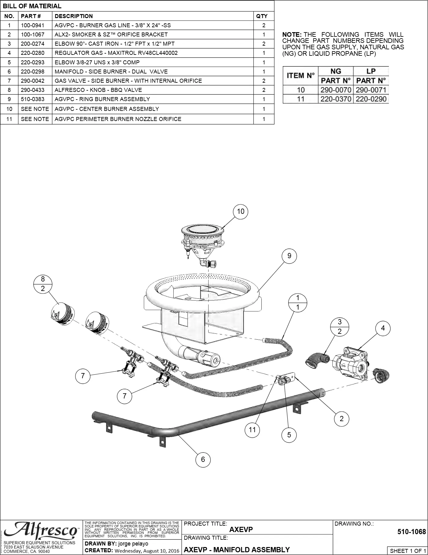 AXEVP Versa Power Burner Manifold Assembly parts diagram
