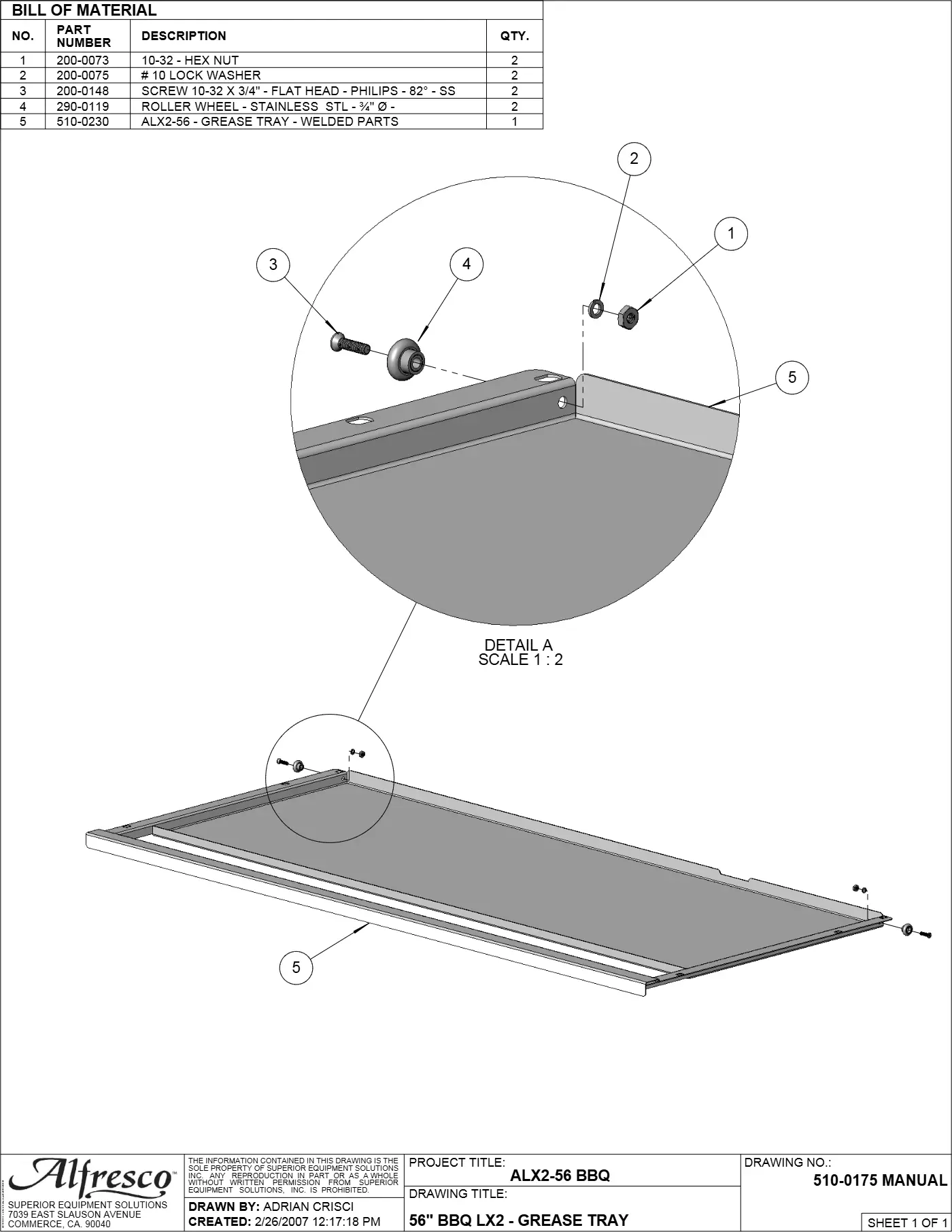 ALX2-56 Grill 56" BBQ LX2 - Grease Tray parts diagram
