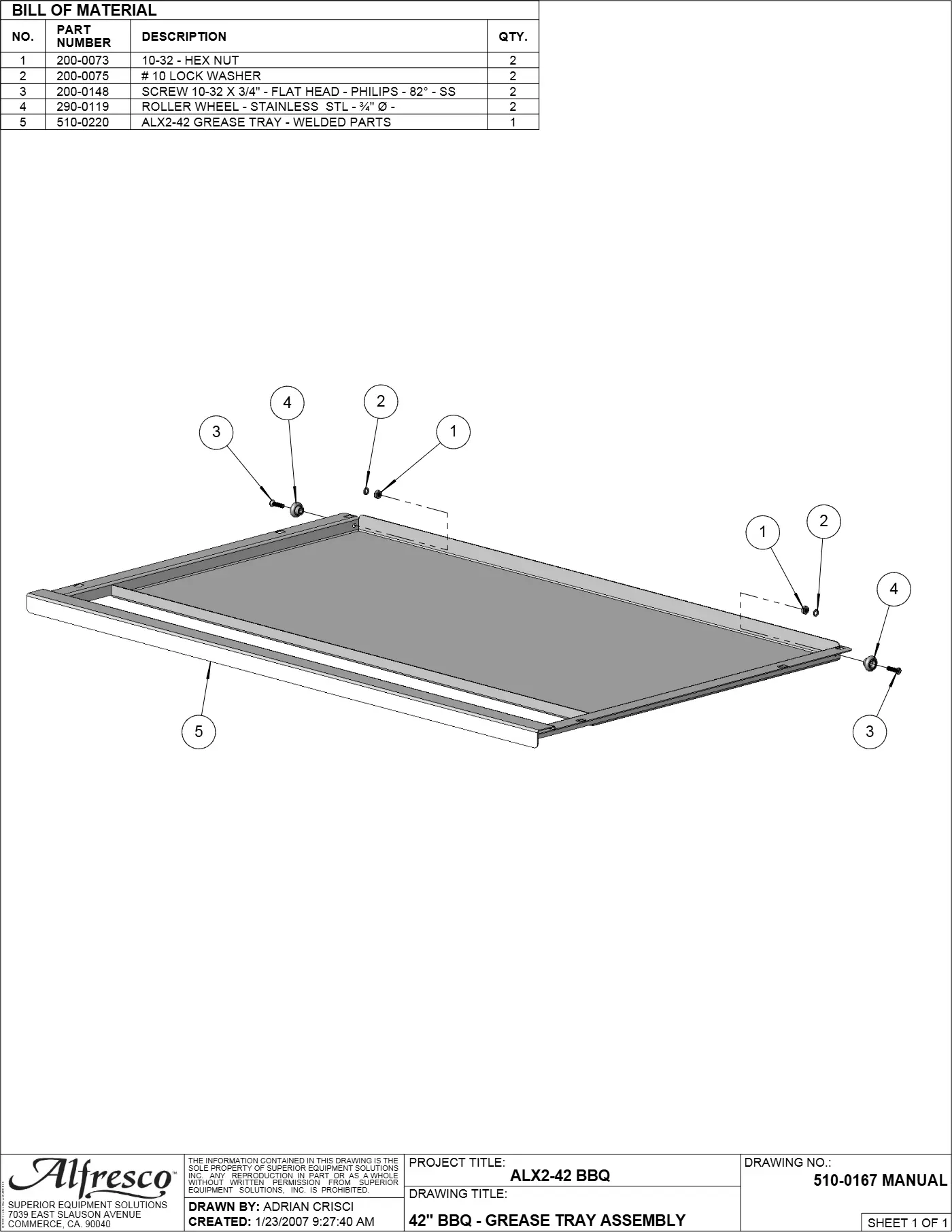 ALX2-42 Grill Grease Tray Assembly parts diagram