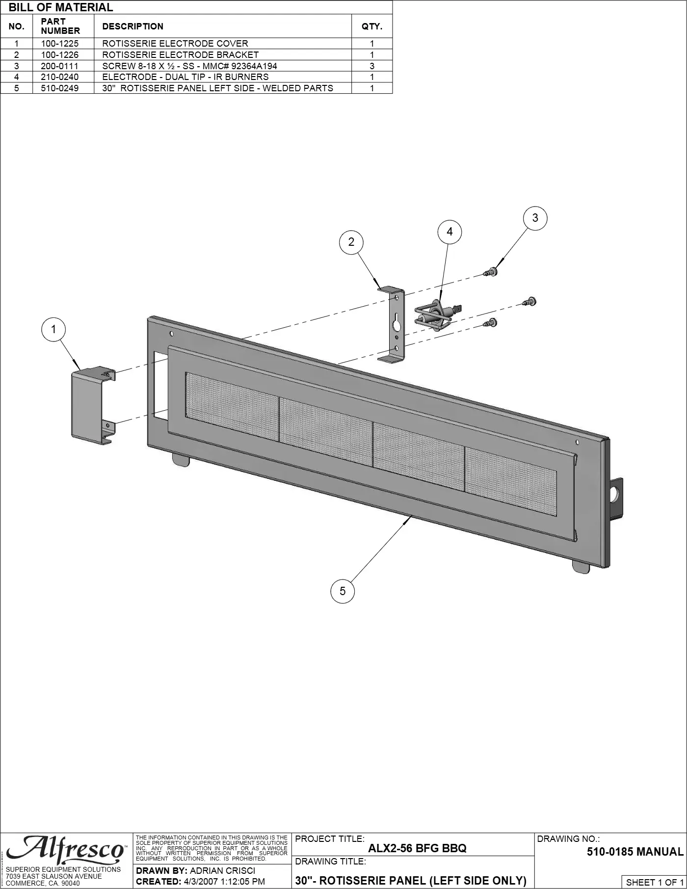 ALX2-56BFG Grill 30"- Rotisserie Panel (left Side Only) parts diagram