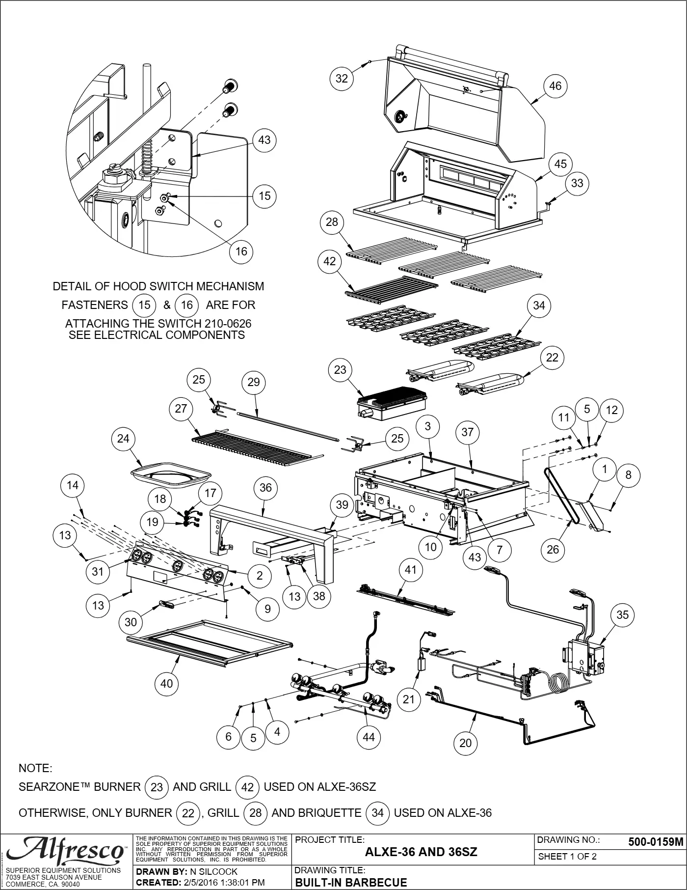 ALXE-36 and ALXE-36SZ Grill Complete Unit (Main Assembly) parts diagram