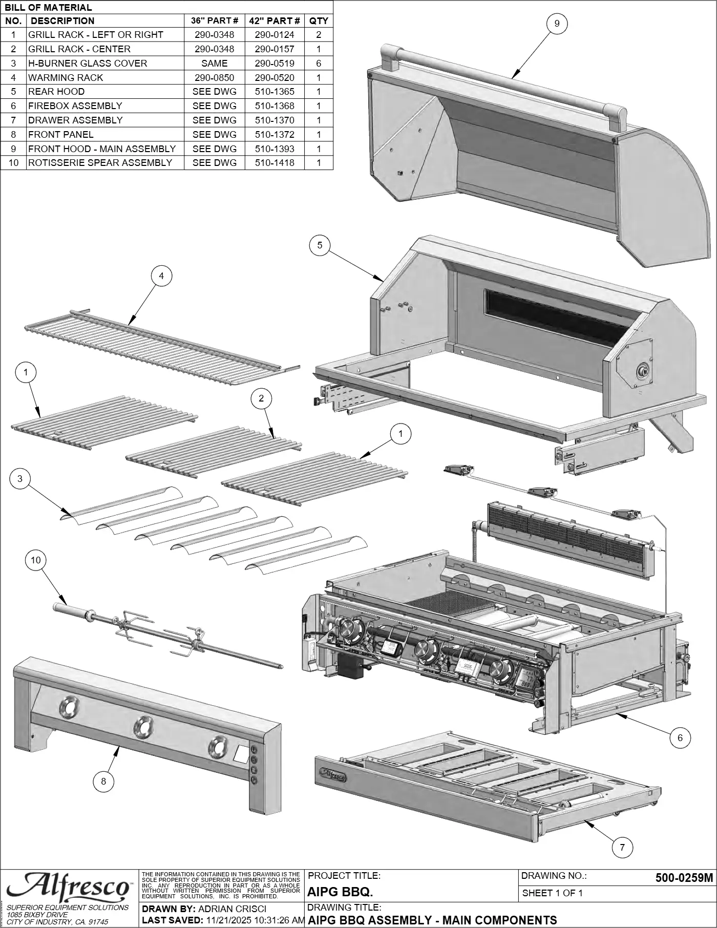AIPG-36 and AIPG-42 Grill Complete Unit (Main Assembly) parts diagram