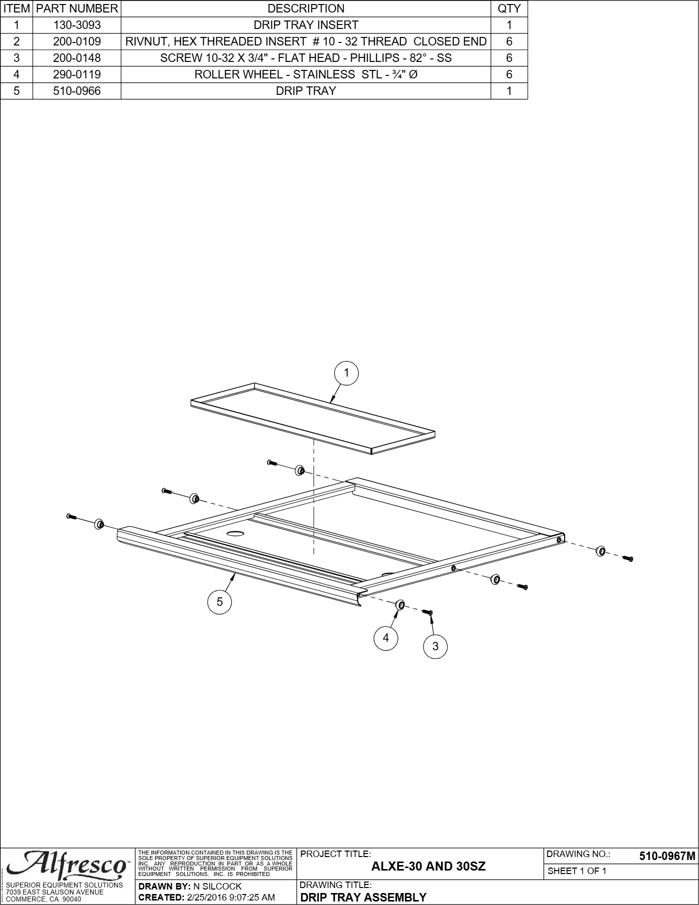 ALXE-30 and ALXE-30SZ Grill Drip Tray Assembly parts diagram