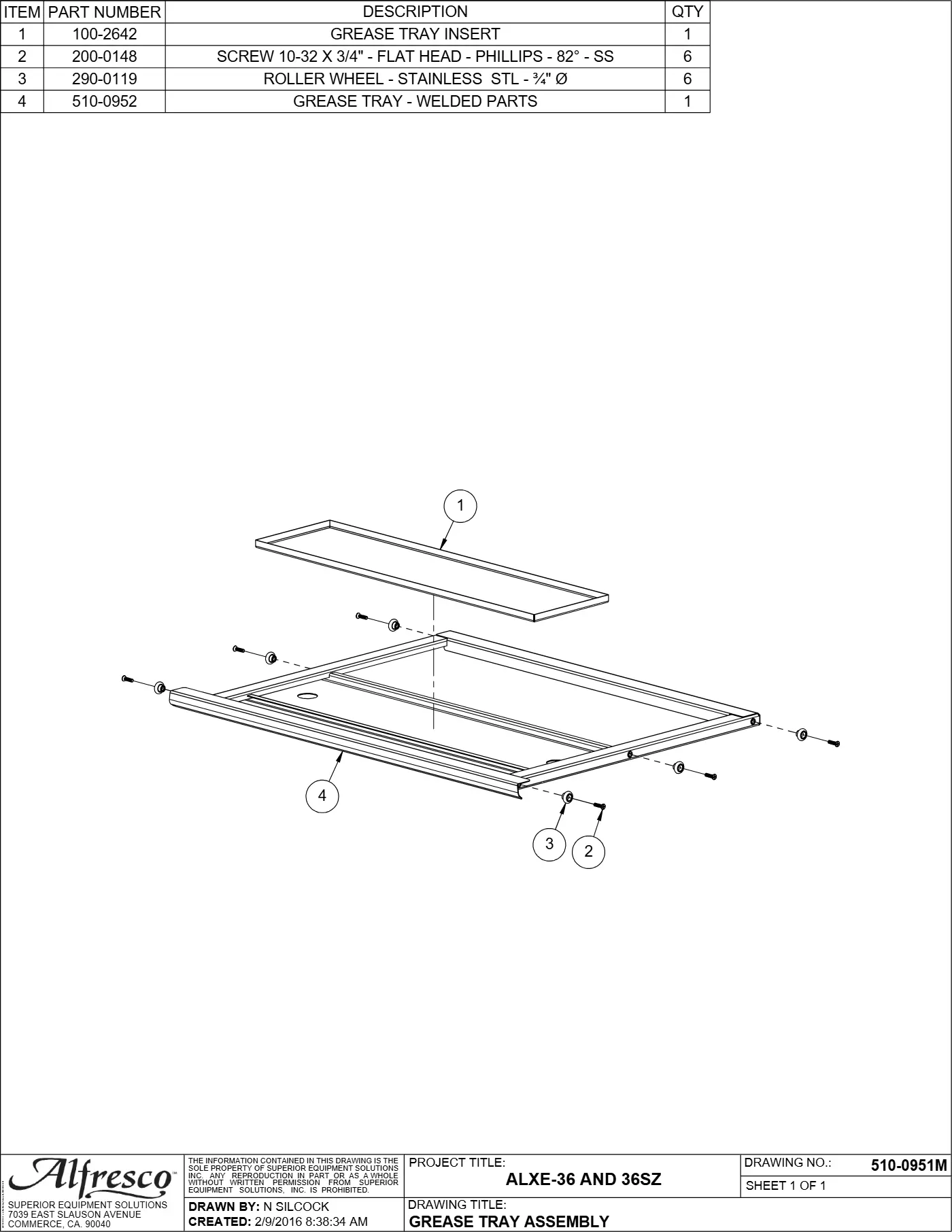 ALXE-36 and ALXE-36SZ Grill Grease Tray Assembly parts diagram