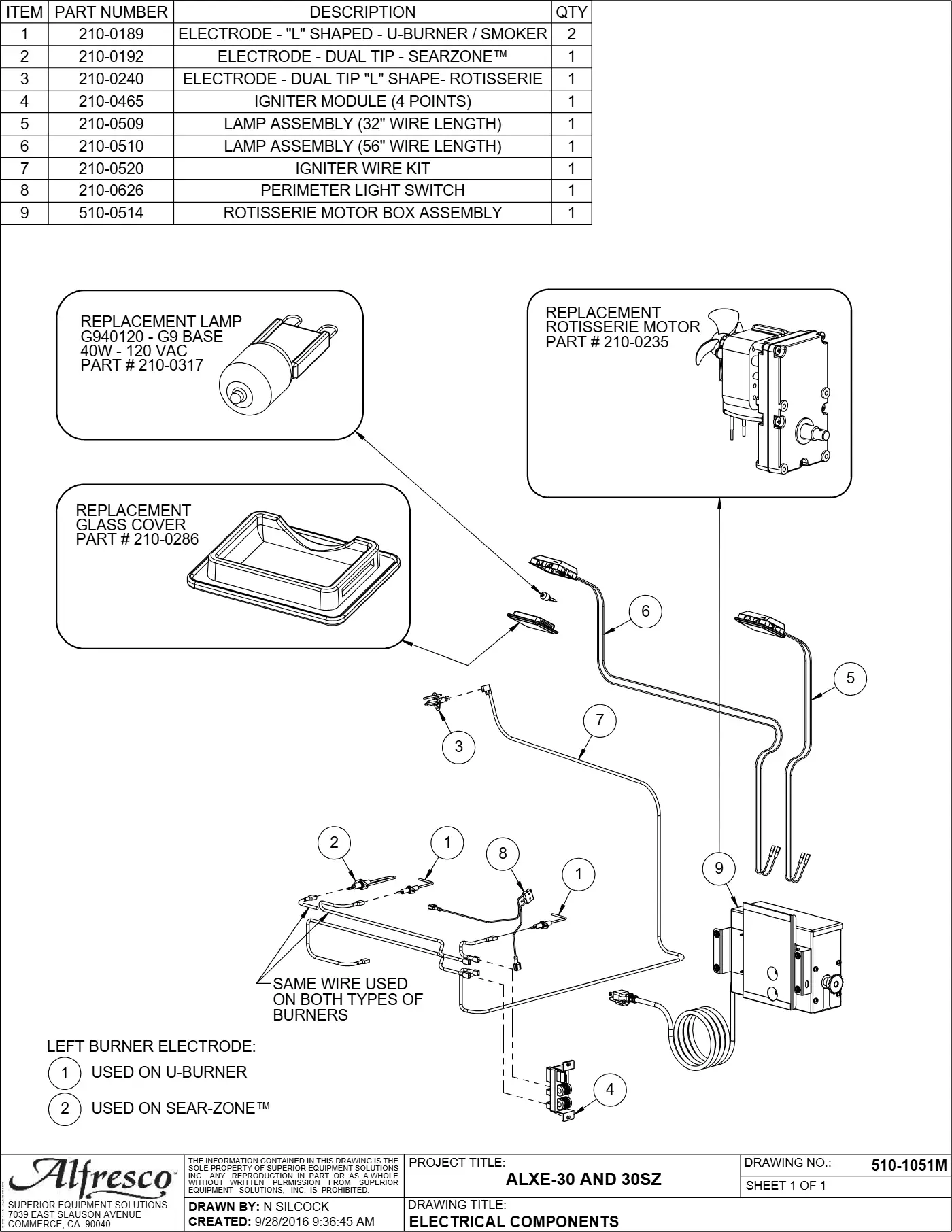 ALXE-30 and ALXE-30SZ Grill Electrical Components parts diagram