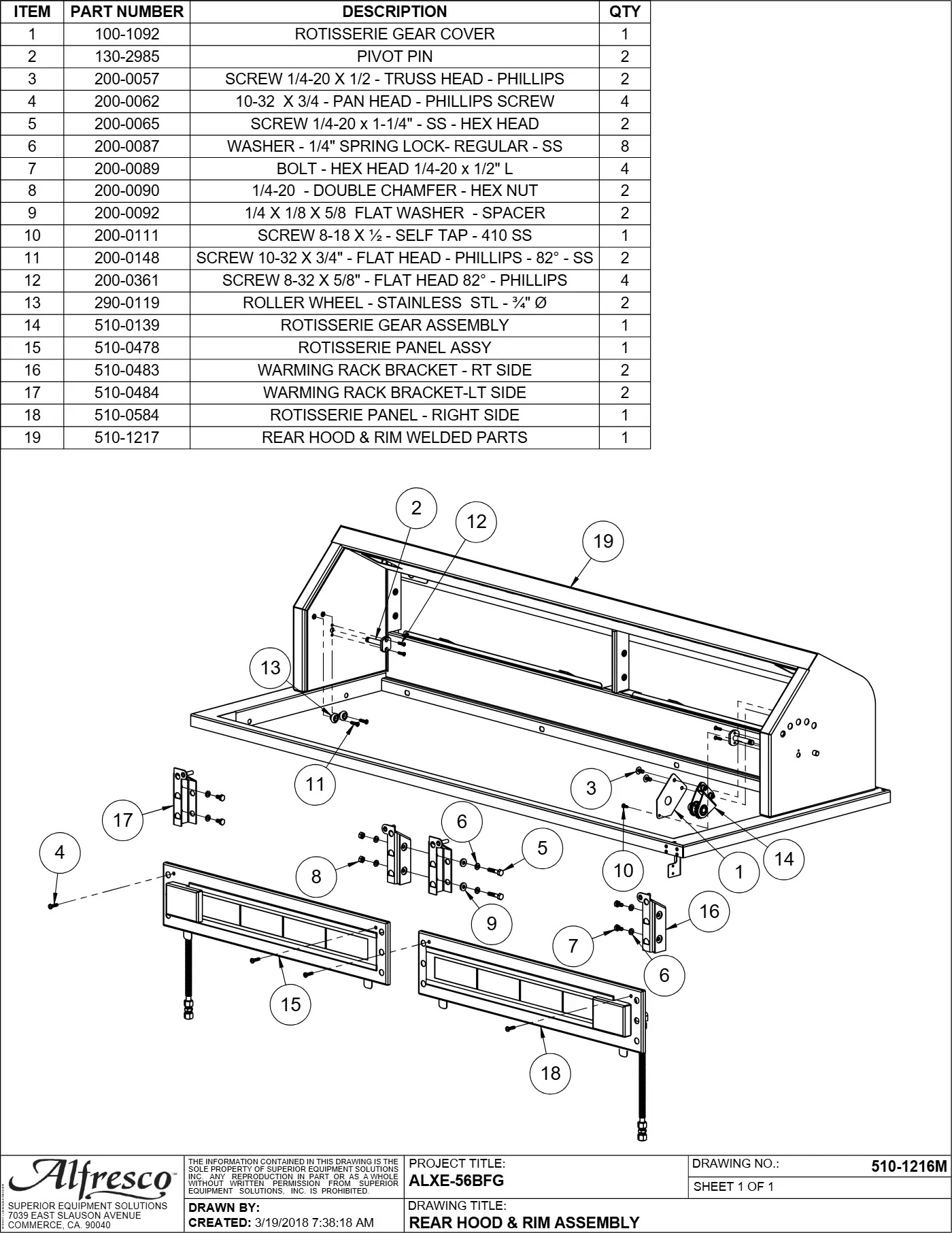 ALXE-56BFG Grill Rear Hood & Rim Assembly parts diagram