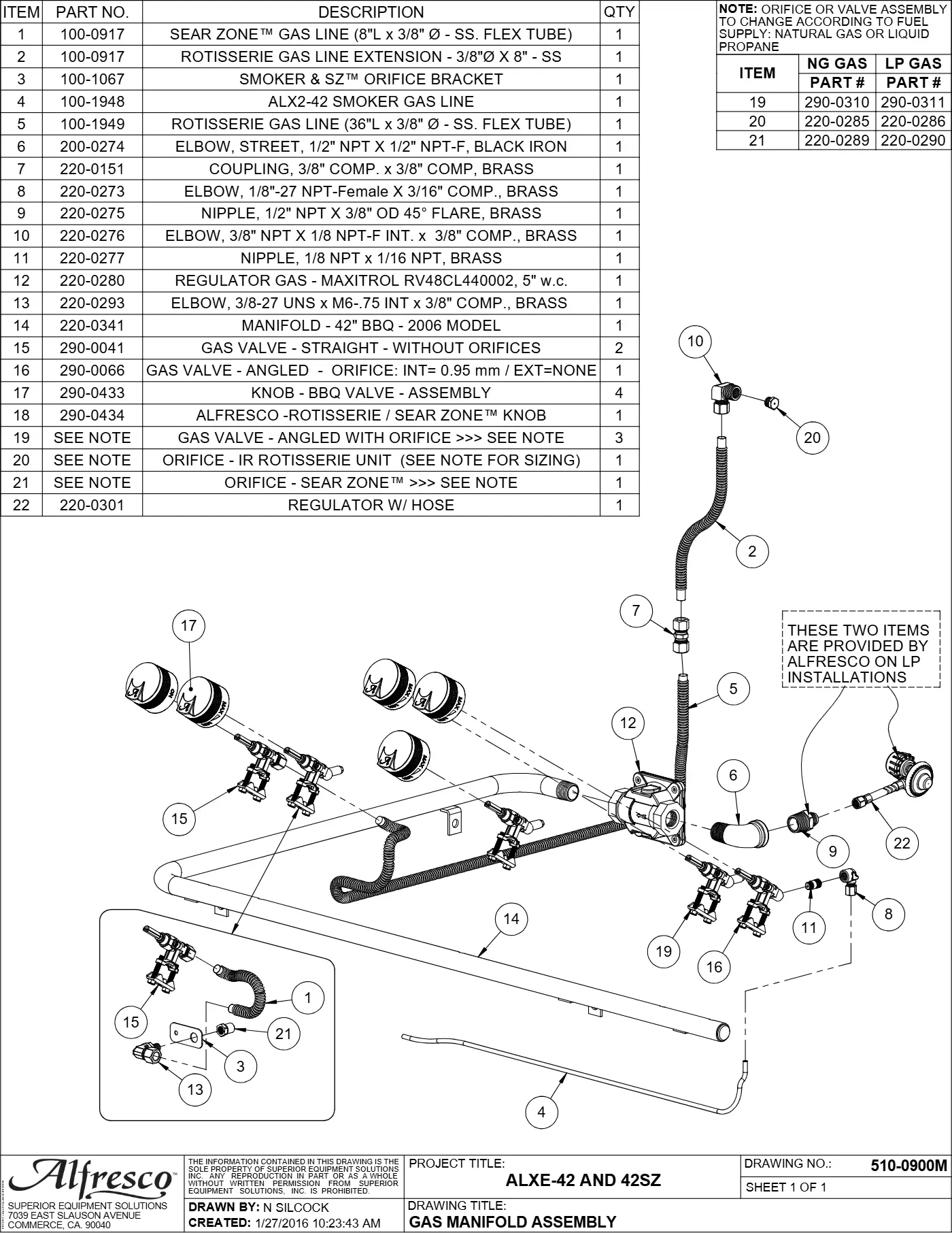 ALXE-42 and ALXE-42SZ Grill Gas Manifold Assembly parts diagram