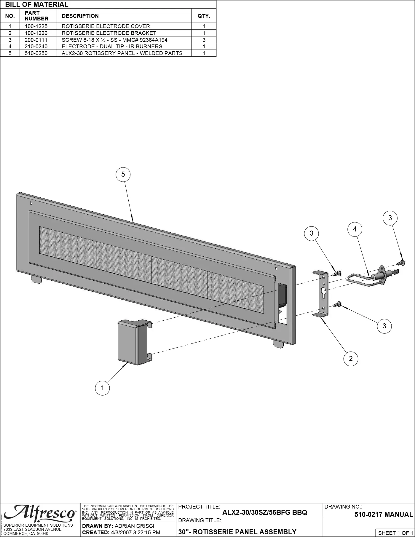 ALX2-30 Grill 30"- Rotisserie Panel Assembly parts diagram