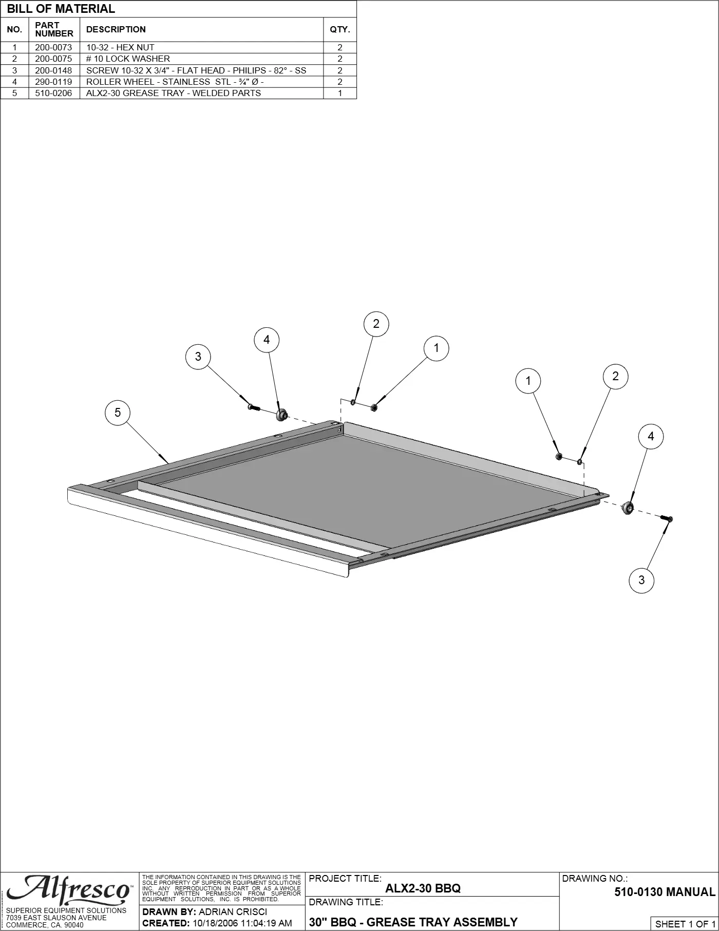 ALX2-30 Grill Grease Tray Assembly parts diagram