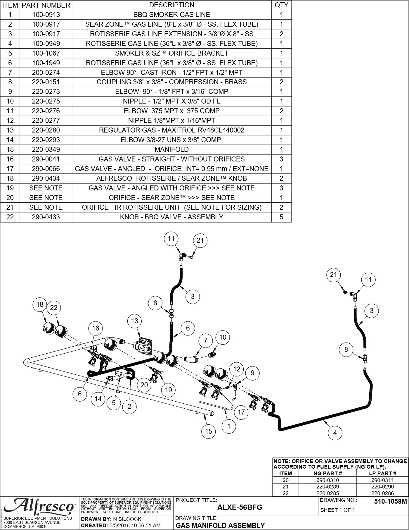 ALXE-56BFG Grill Gas Manifold Assembly parts diagram