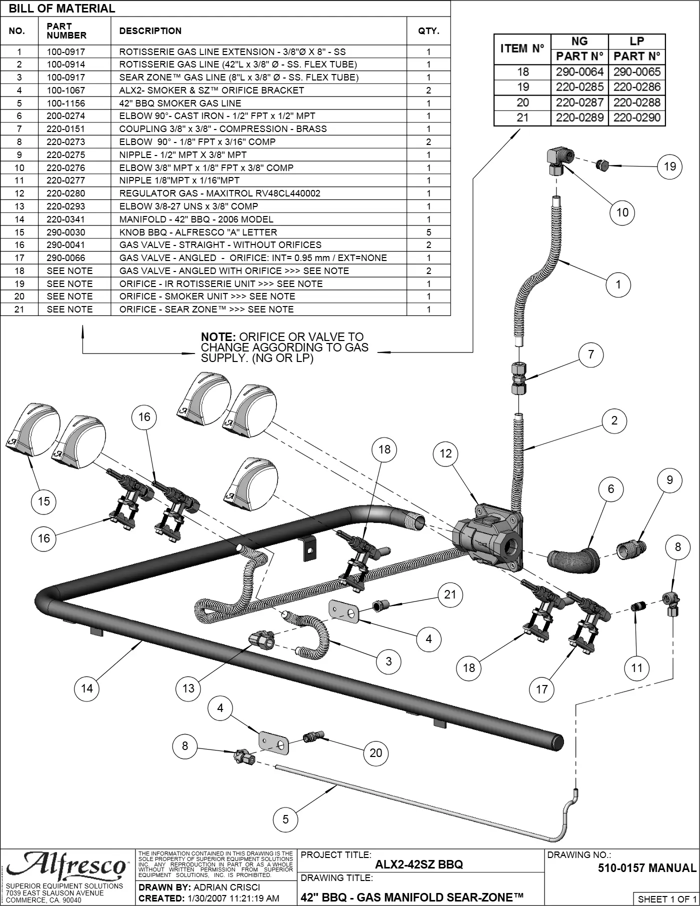 ALX2-42SZ Sear Zone Grill Gas Manifold SEAR-ZONE™ parts diagram