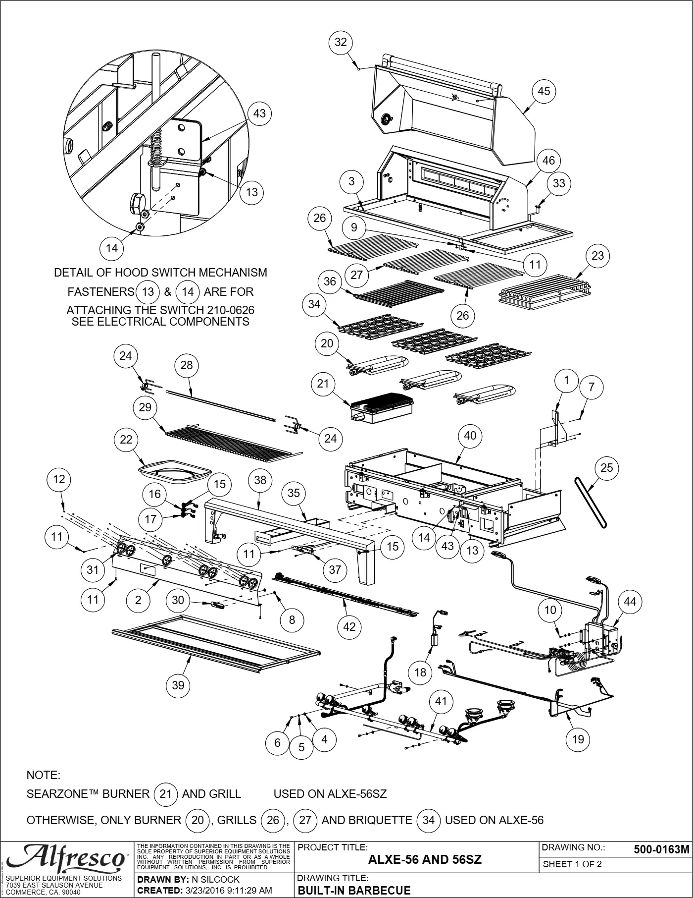 ALXE-56 and ALXE-56SZ Grill Complete Unit (Main Assembly) parts diagram