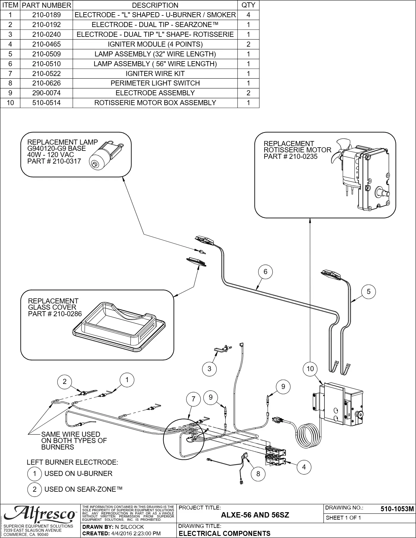 ALXE-56 and ALXE-56SZ Grill Electrical Components parts diagram