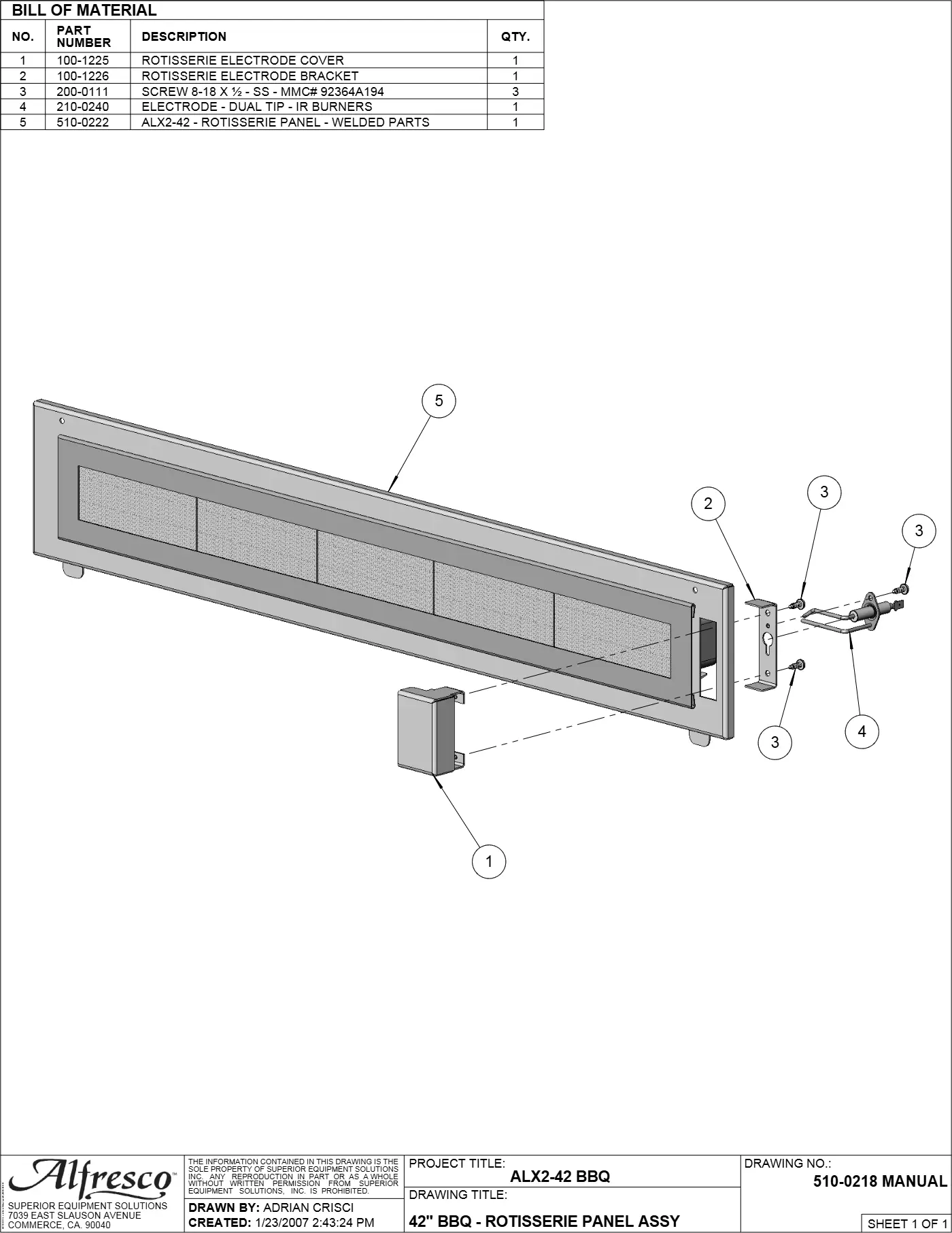 ALX2-42SZ Sear Zone Grill Rotisserie Panel Assy parts diagram