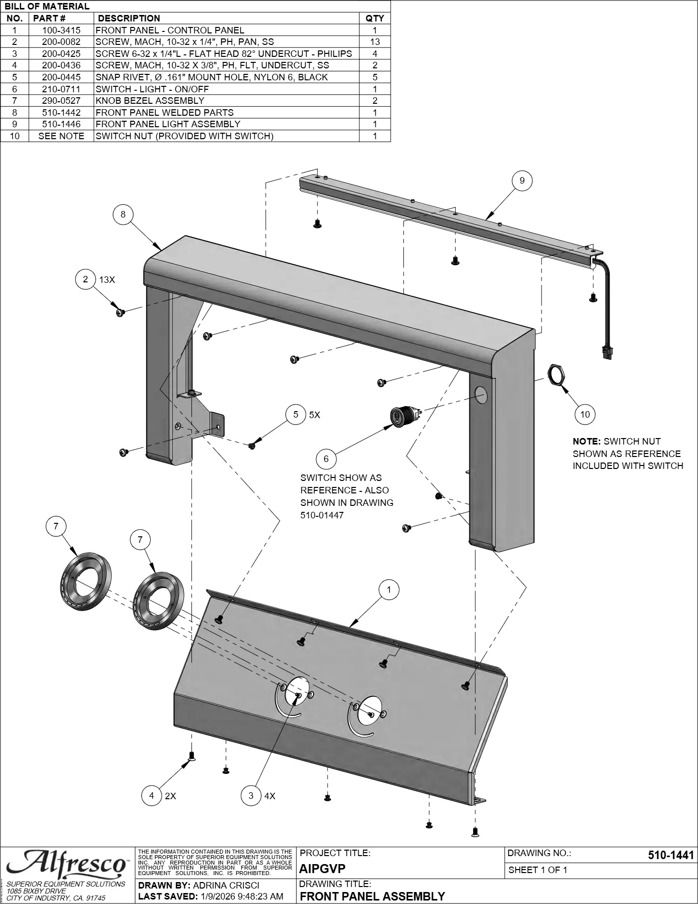 AIPGVP Versa Power Burner Front Panel Assembly parts diagram