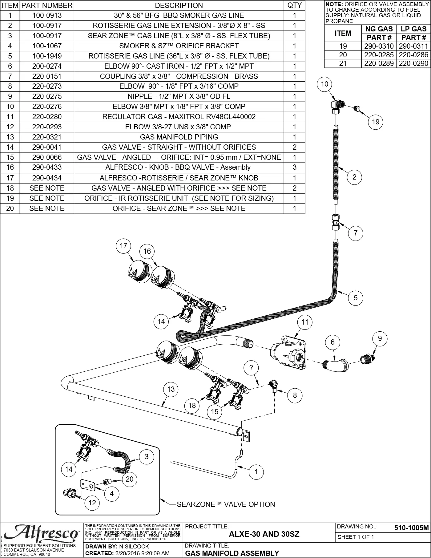 ALXE-30 and ALXE-30SZ Grill Gas Manifold Assembly parts diagram