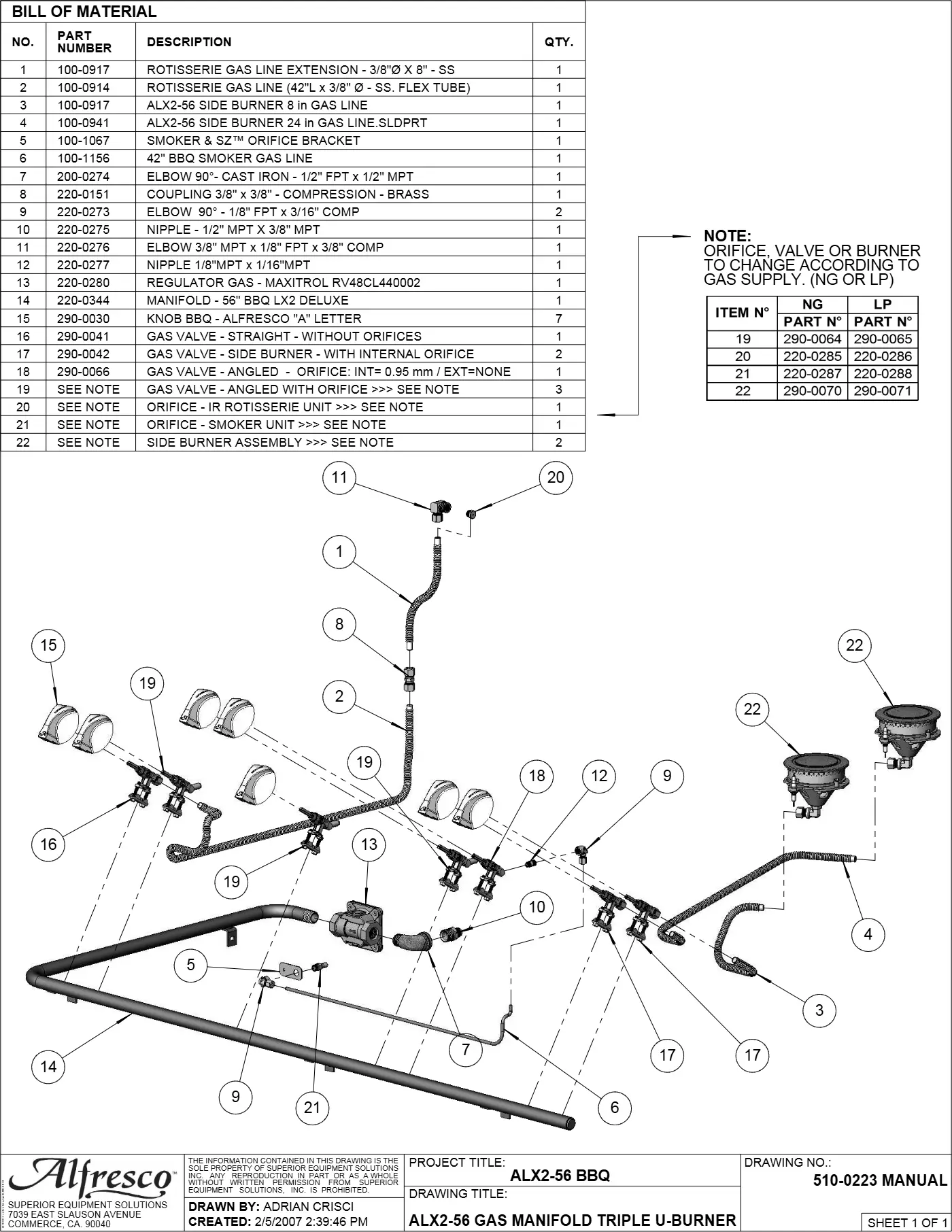 ALX2-56 Grill Gas Manifold Triple U-burner parts diagram