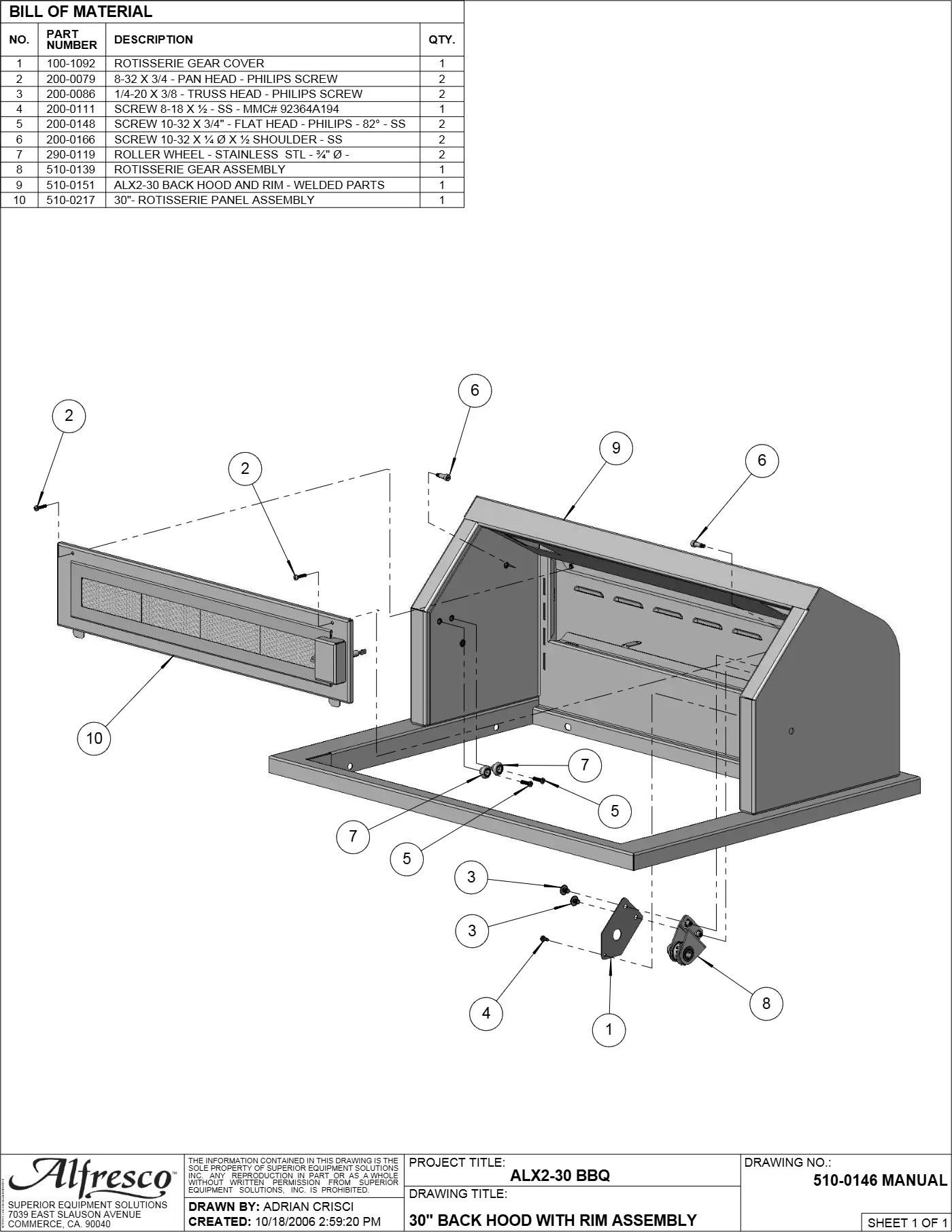 ALX2-30 Grill 30" Back Hood with Rim Assembly parts diagram
