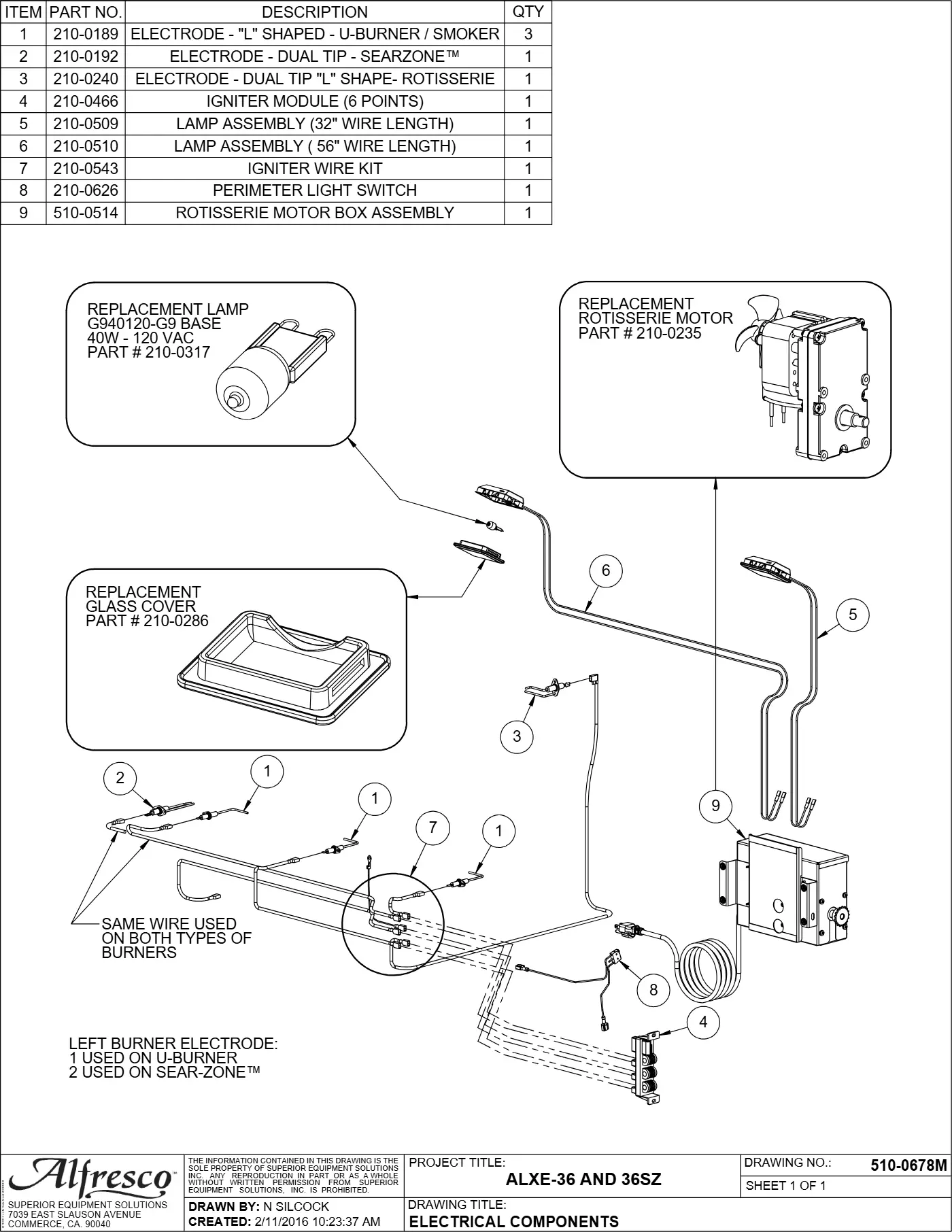 ALXE-36 and ALXE-36SZ Grill Electrical Components parts diagram