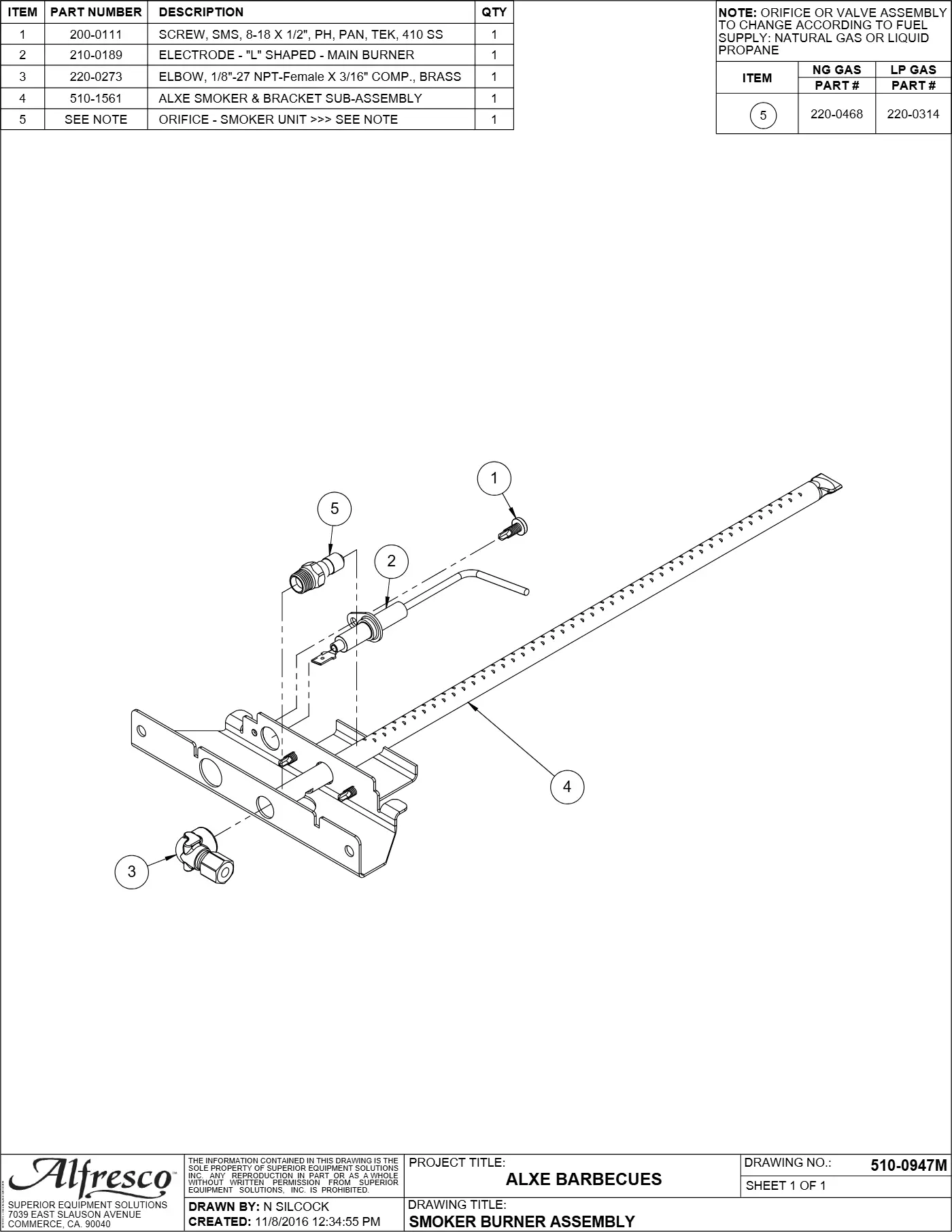 ALXE-36 and ALXE-36SZ Grill Smoker Burner Assembly parts diagram