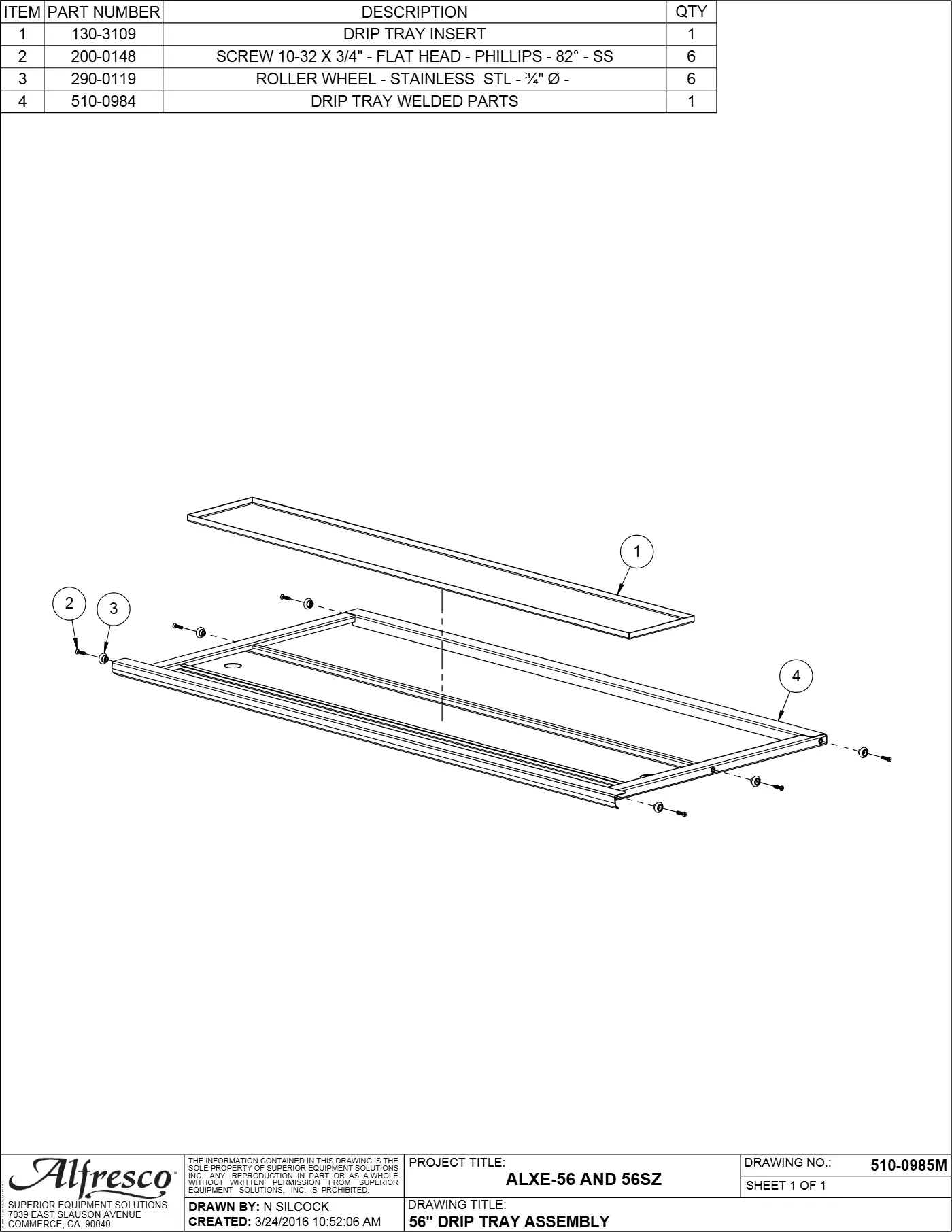 ALXE-56 and ALXE-56SZ Grill 56" Drip Tray Assembly parts diagram