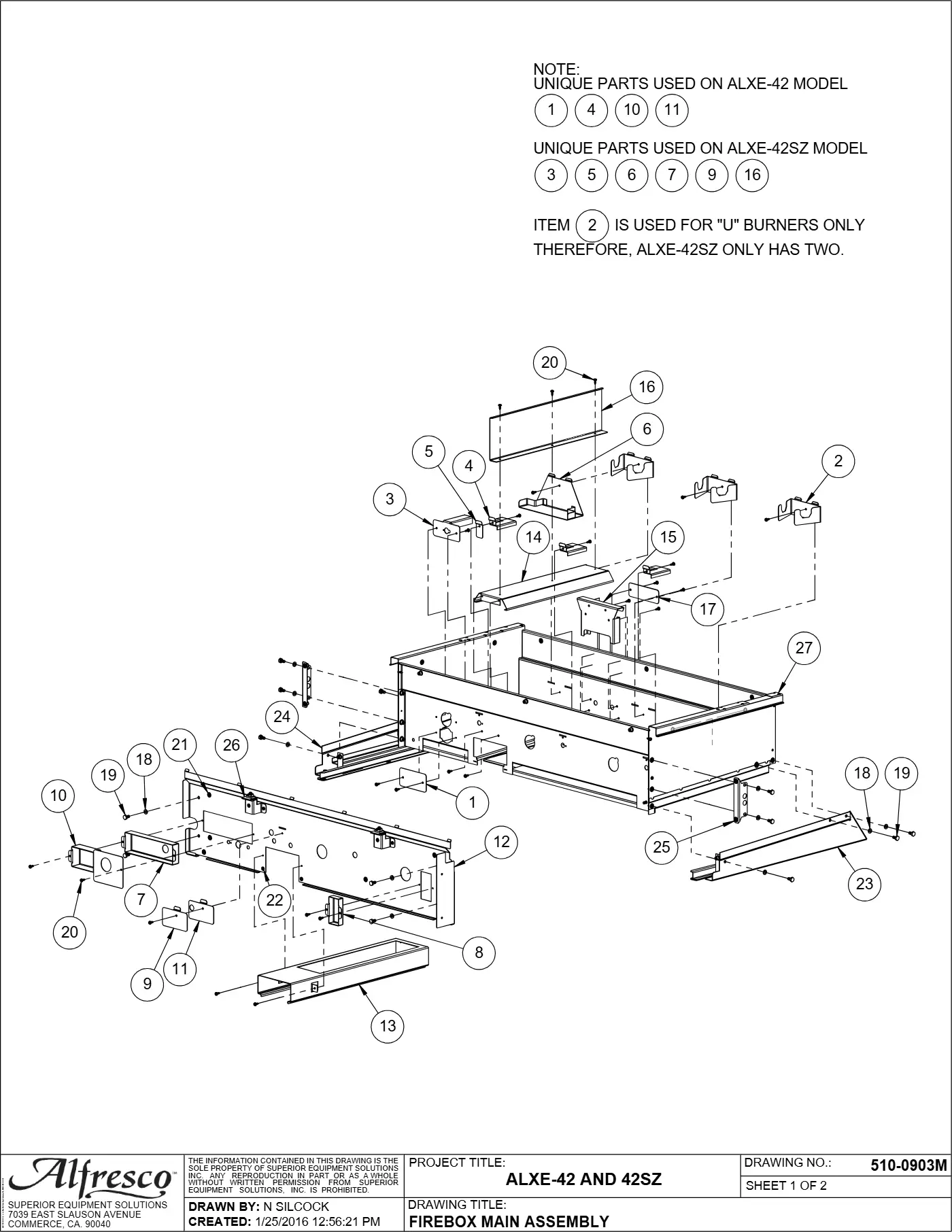 ALXE-42 and ALXE-42SZ Grill Firebox Main Assembly parts diagram