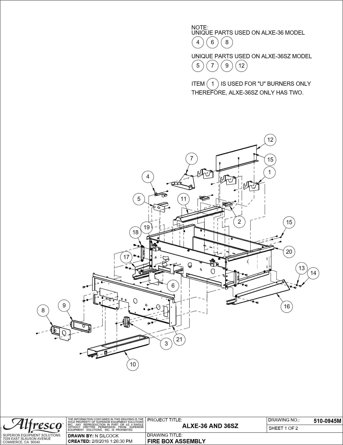 ALXE-36 and ALXE-36SZ Grill Fire Box Assembly parts diagram