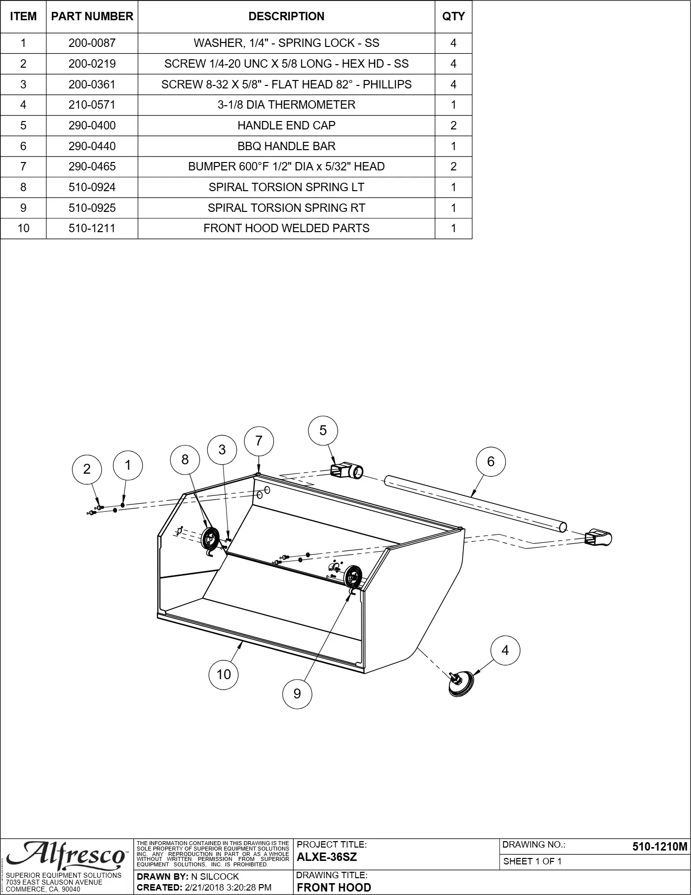 ALXE-36 and ALXE-36SZ Grill Front Hood parts diagram