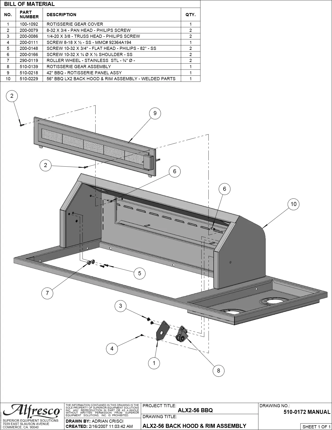 ALX2-56 Grill Back Hood & Rim Assembly parts diagram