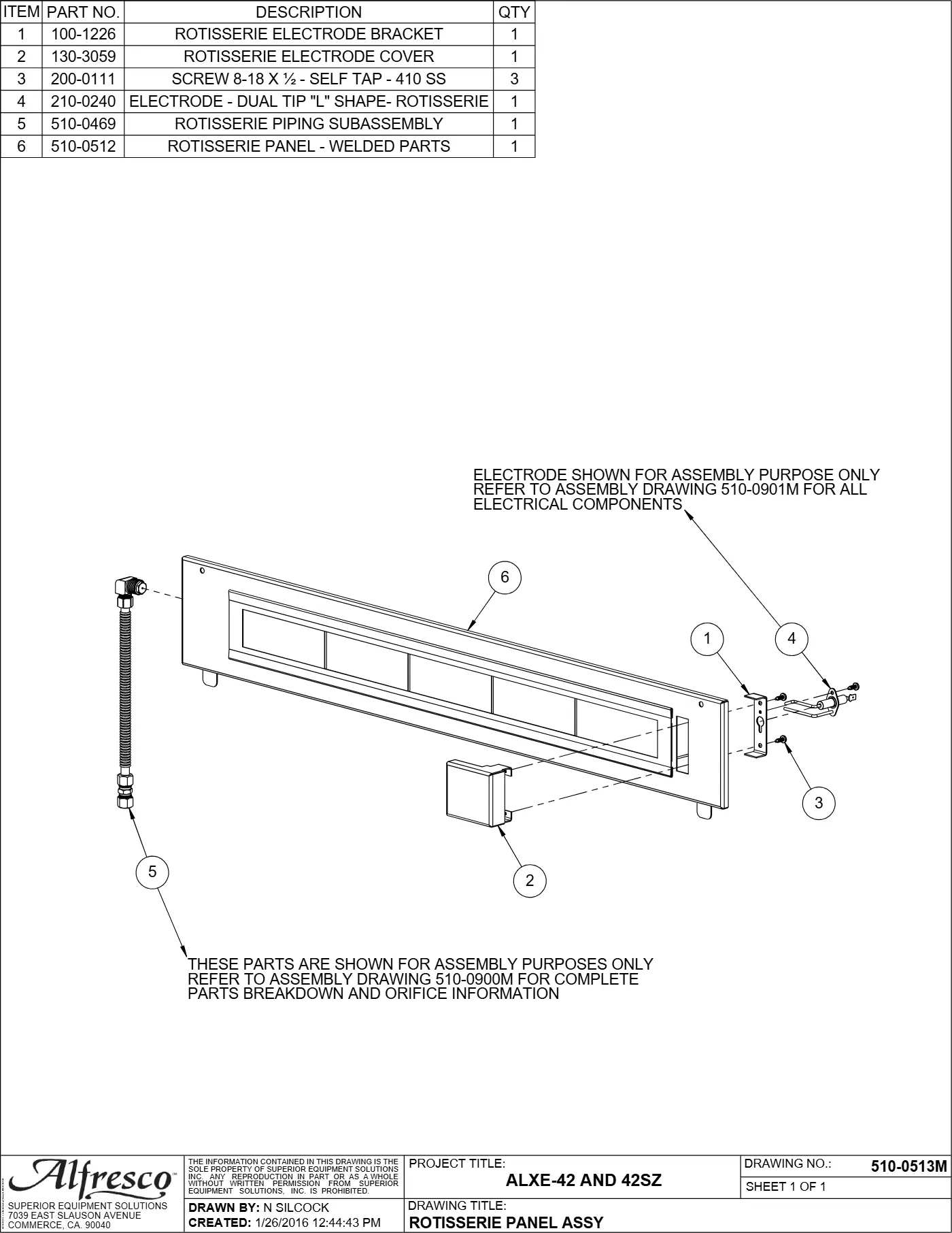 ALXE-42 and ALXE-42SZ Grill Rotisserie Panel Assy parts diagram