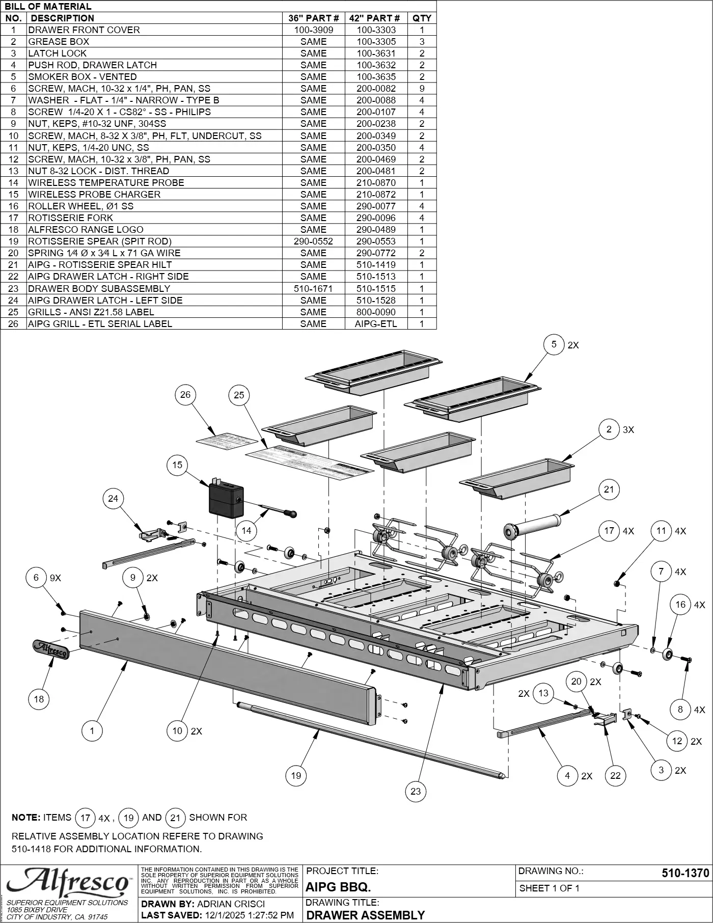 AIPG-36 and AIPG-42 Grill Drawer Assembly parts diagram