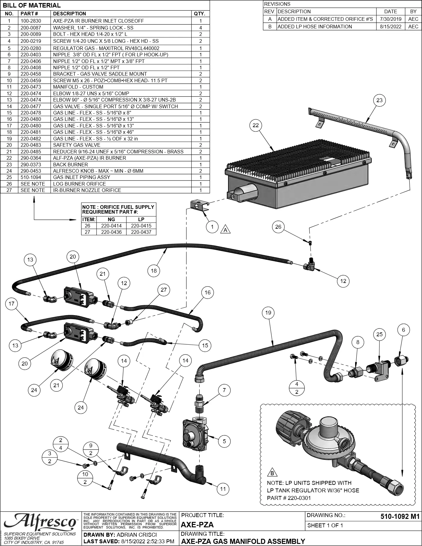 AXE-PZA Pizza Oven Plus Gas Manifold Assembly parts diagram
